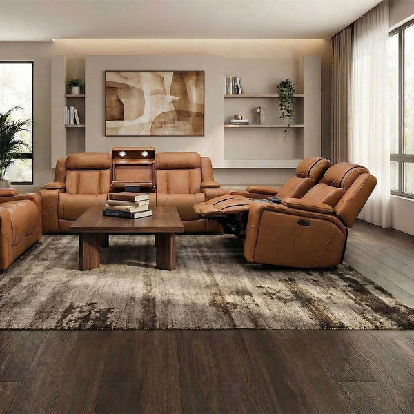 1st Class Brown Leather Dual Power Reclining Sofa & Loveseat with Console Storage, Dropdown Table and Built-In Fridge