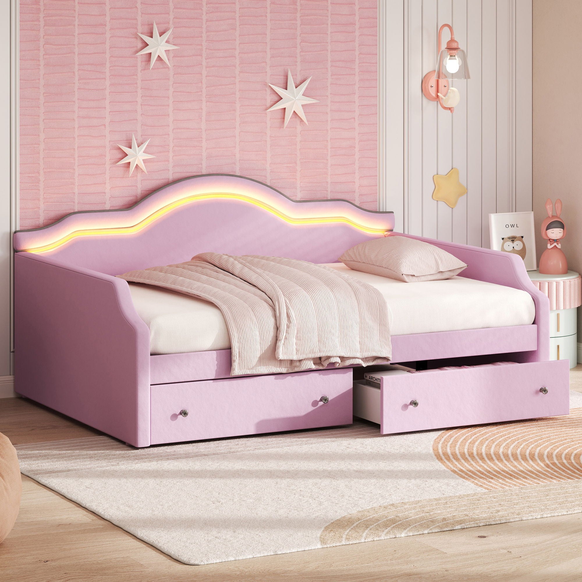 Upholstered Daybed With LED Lights And 2 Drawersme