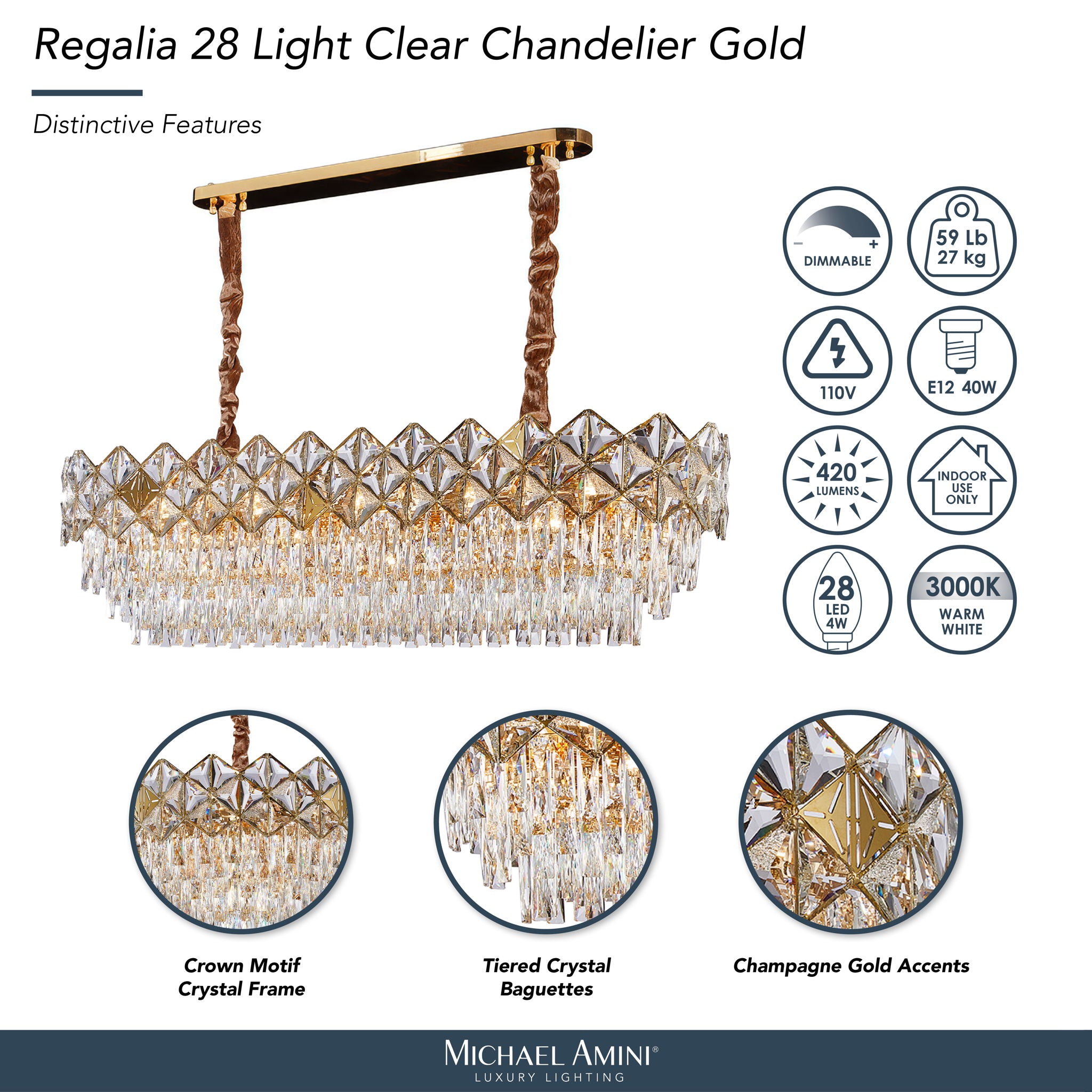 Michael Amini Lighting - Regalia 16-Light Rectangular Crystal Chandelier - Gold
