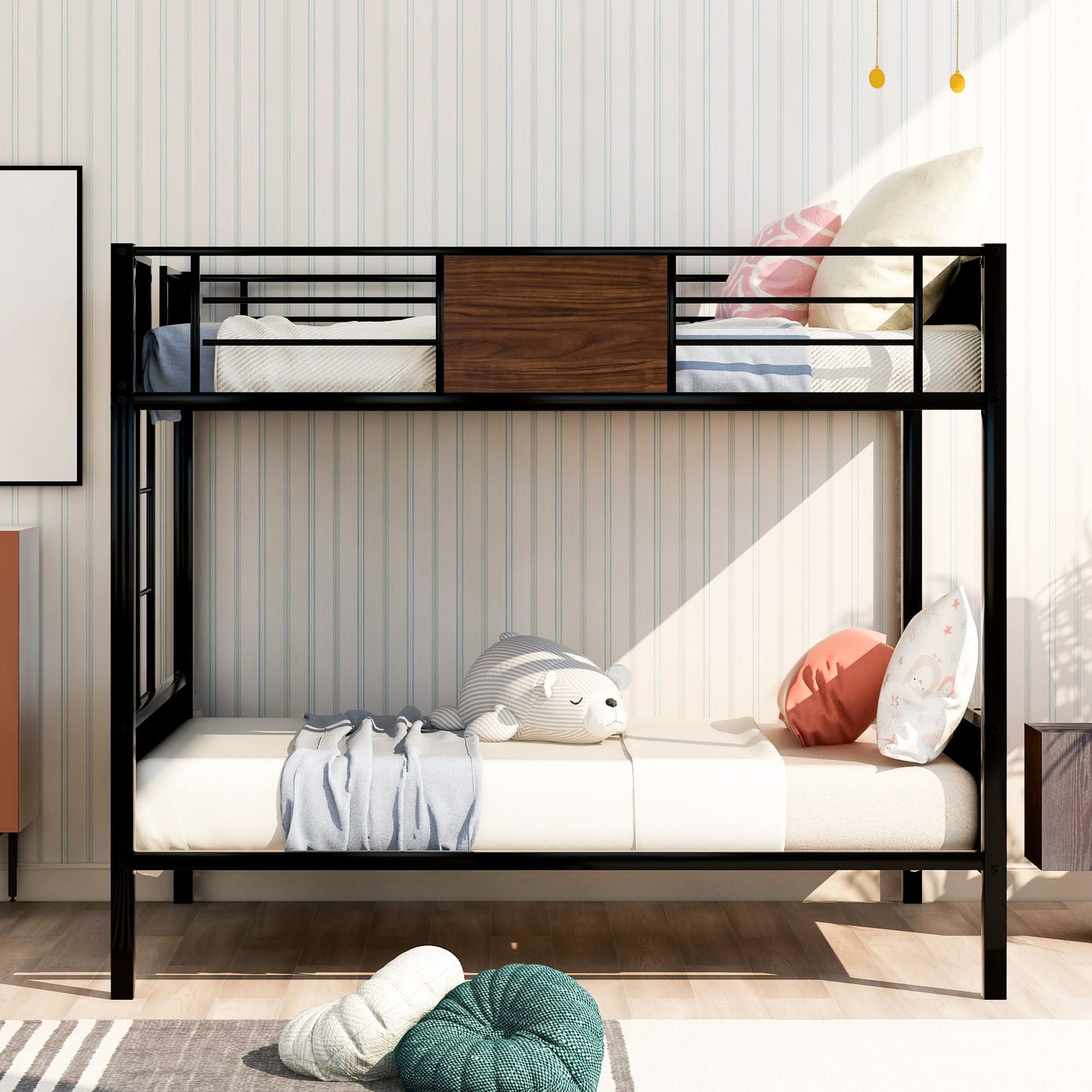 Full Over Full Bunk Bed Modern Style Steel Frame Bunk Bed With Safety Rail, Built-In Ladder For Bedroom - Brown