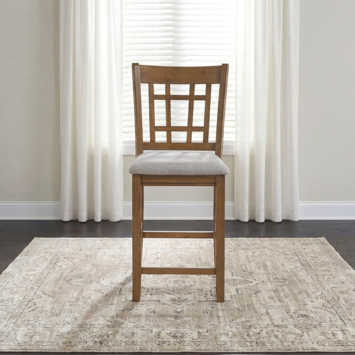 Alice Brown Oak 5-Piece Round Counter Height Dining Set with 4 Upholstered Chairs and Storage Table