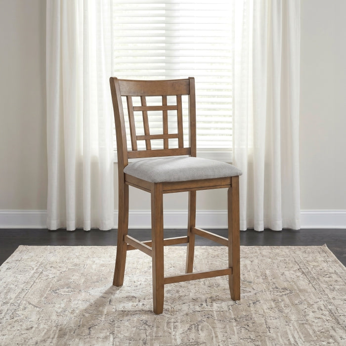 Alice Brown Oak 5-Piece Round Counter Height Dining Set with 4 Upholstered Chairs and Storage Table