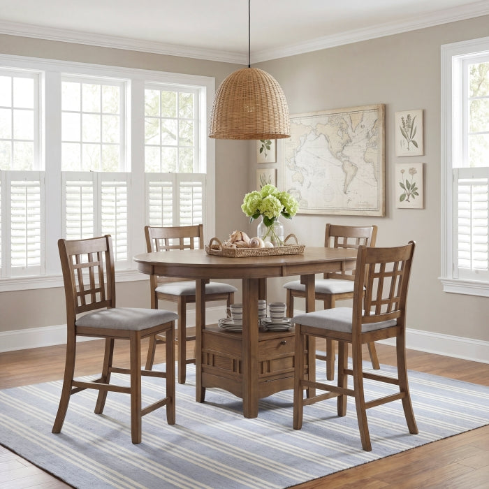 Alice Brown Oak 5-Piece Round Counter Height Dining Set with 4 Upholstered Chairs and Storage Table