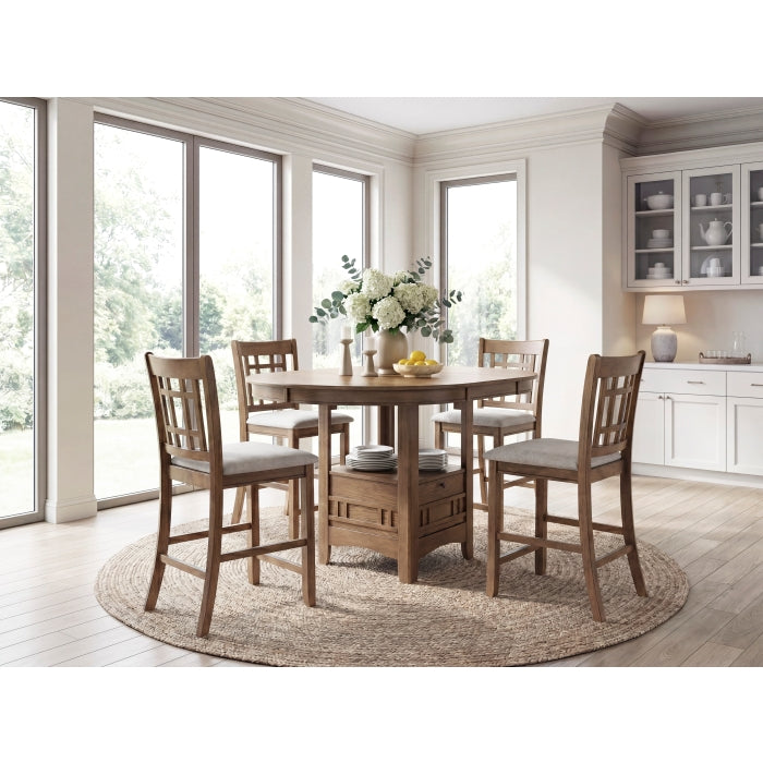 Alice Brown Oak 5-Piece Round Counter Height Dining Set with 4 Upholstered Chairs and Storage Table