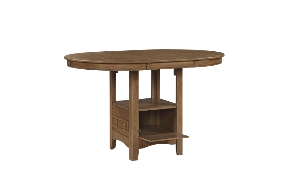 Alice Brown Oak 5-Piece Round Counter Height Dining Set with 4 Upholstered Chairs and Storage Table