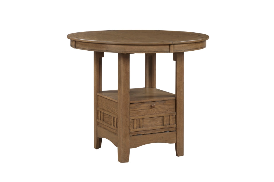 Alice Brown Oak 5-Piece Round Counter Height Dining Set with 4 Upholstered Chairs and Storage Table
