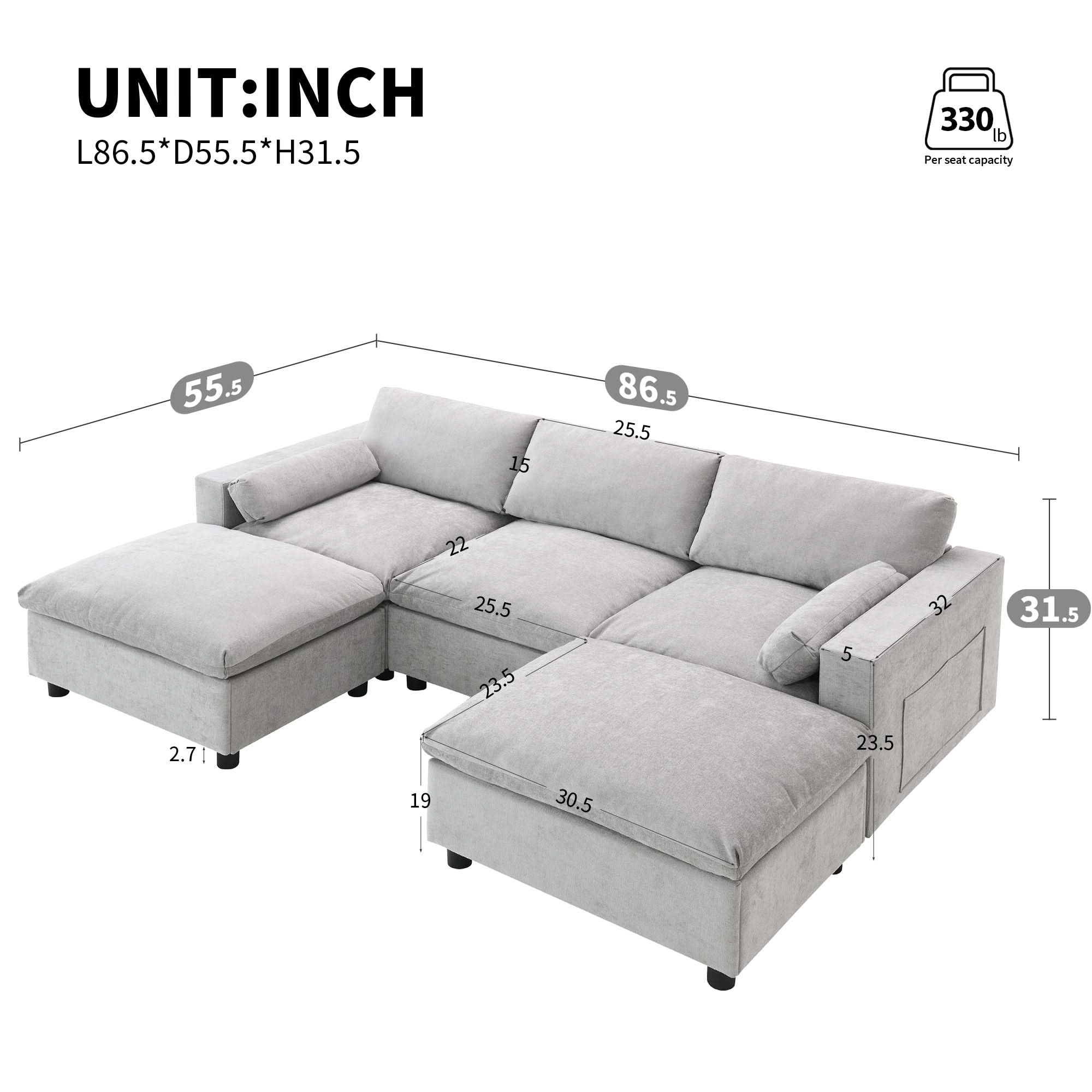 Modular Sectional With Storage Pockets, 5 Seat U Shaped Couch Set With Pillows, Free Combination Modern Cloud Sofa With 2 Movable Ottoman