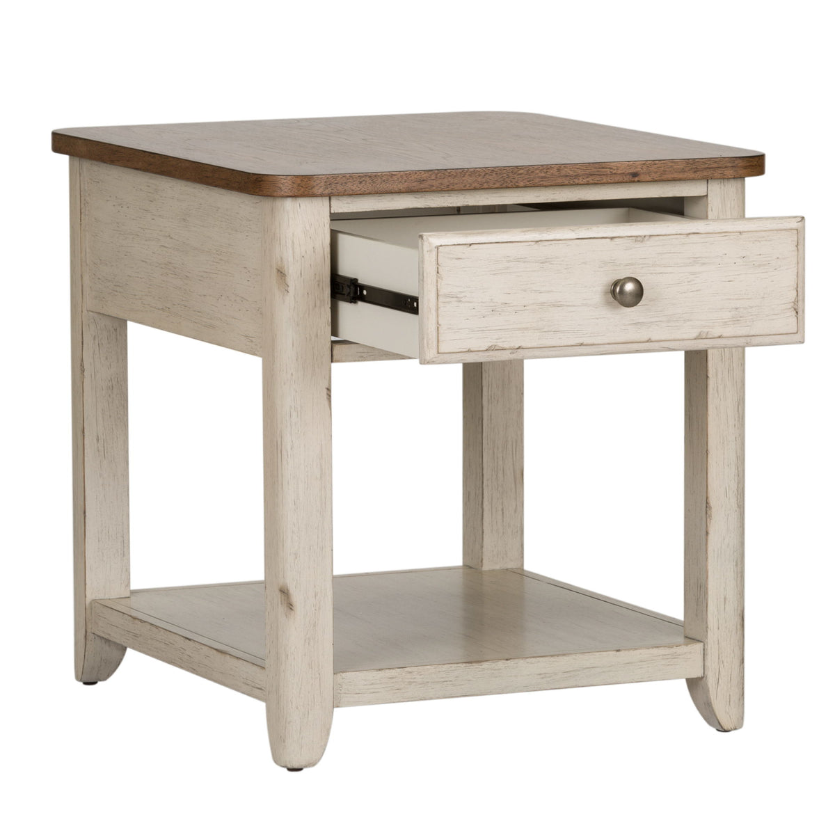 Farmhouse Reimagined - End Table With Basket - Antique White / Chestnut Tops