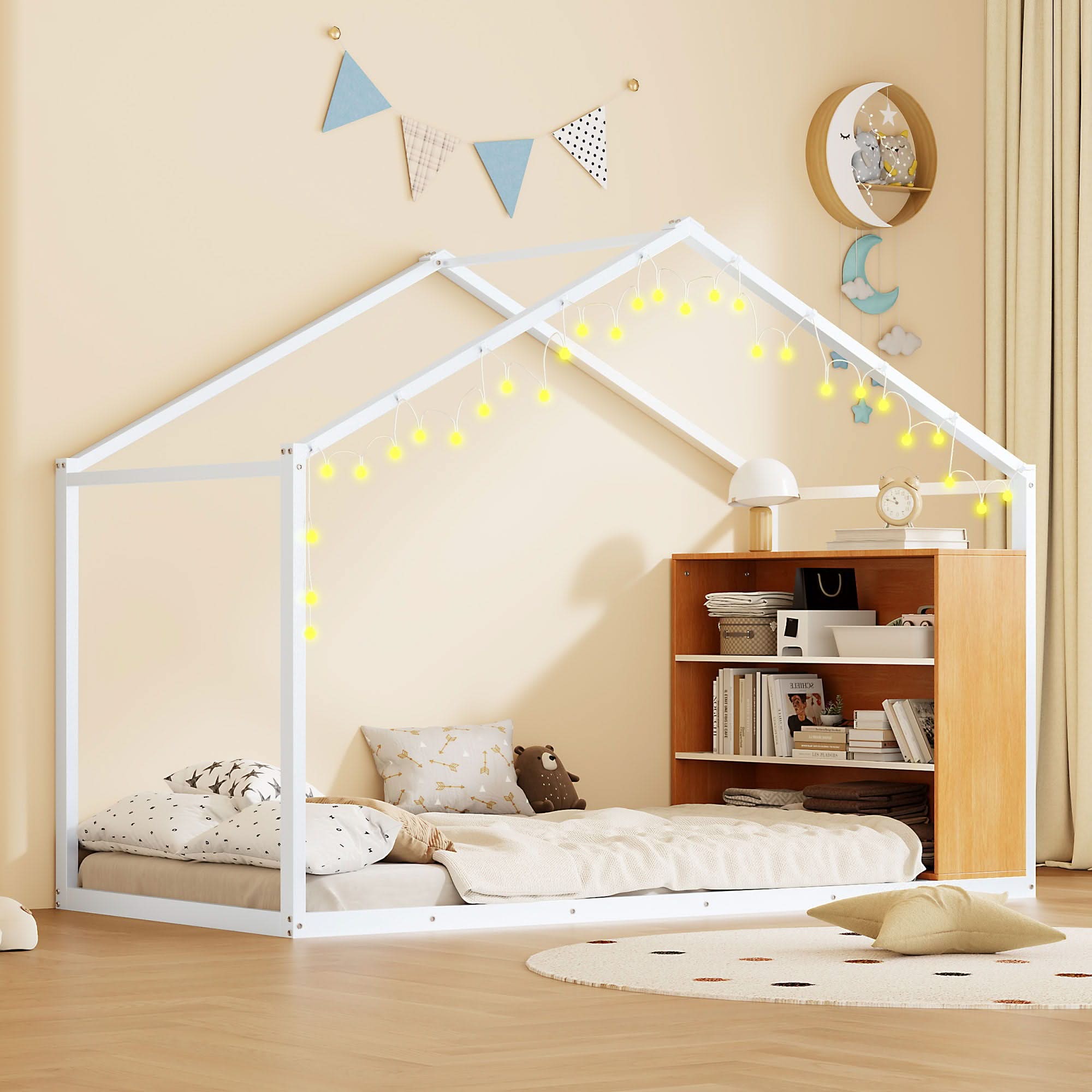 Bed House Frame With Shelves And Lights