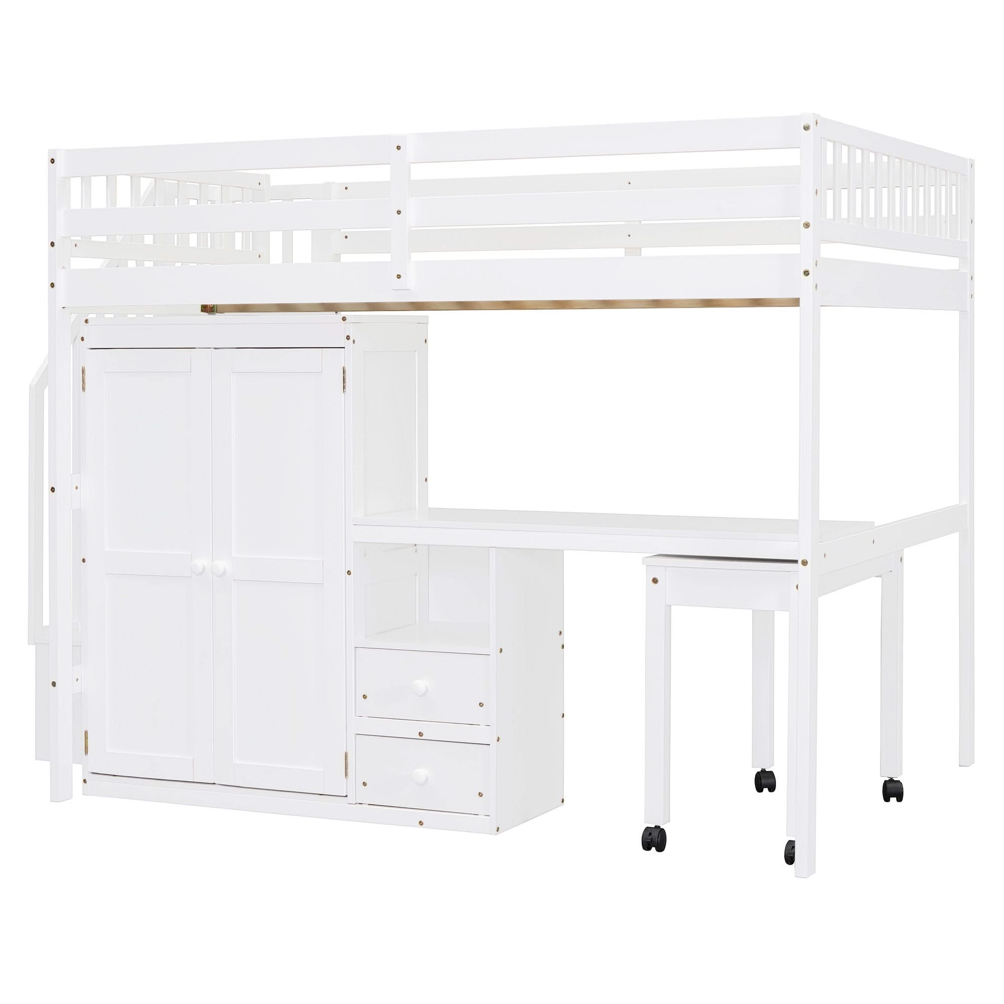 Loft Bed With Stairs, Bookshelf, Drawers, Desk & Wardrobe, Space Saving Multifunctional Furniture