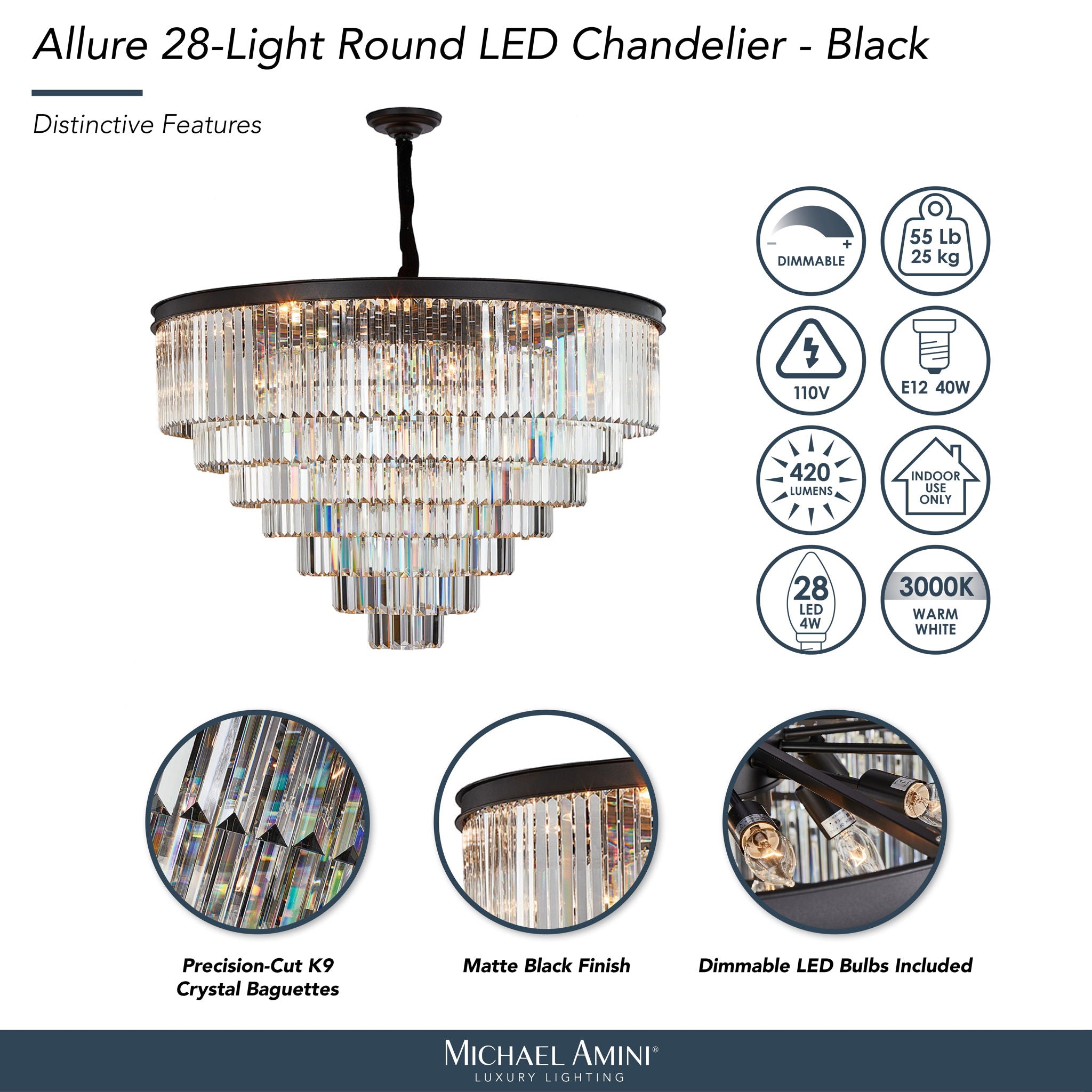 Michael Amini Lighting - Allure 28-Light Round Crystal Chandelier - Matte Black / Pearl Silver