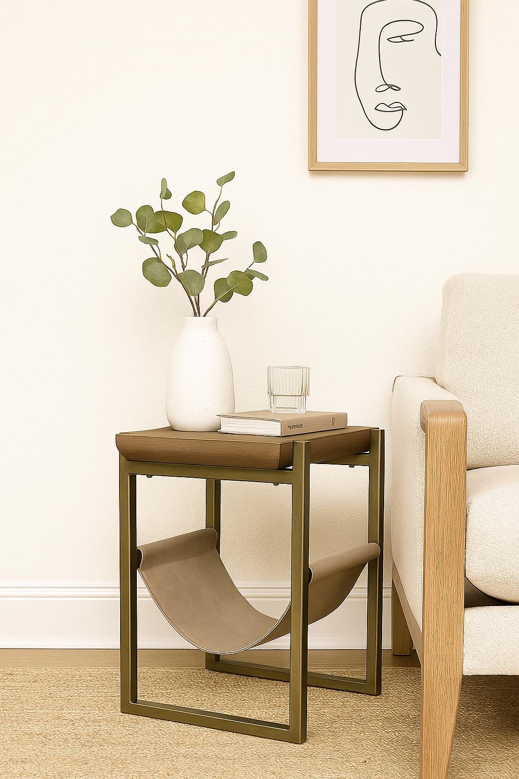 Elure Leather Sling Chairside Table - Latte