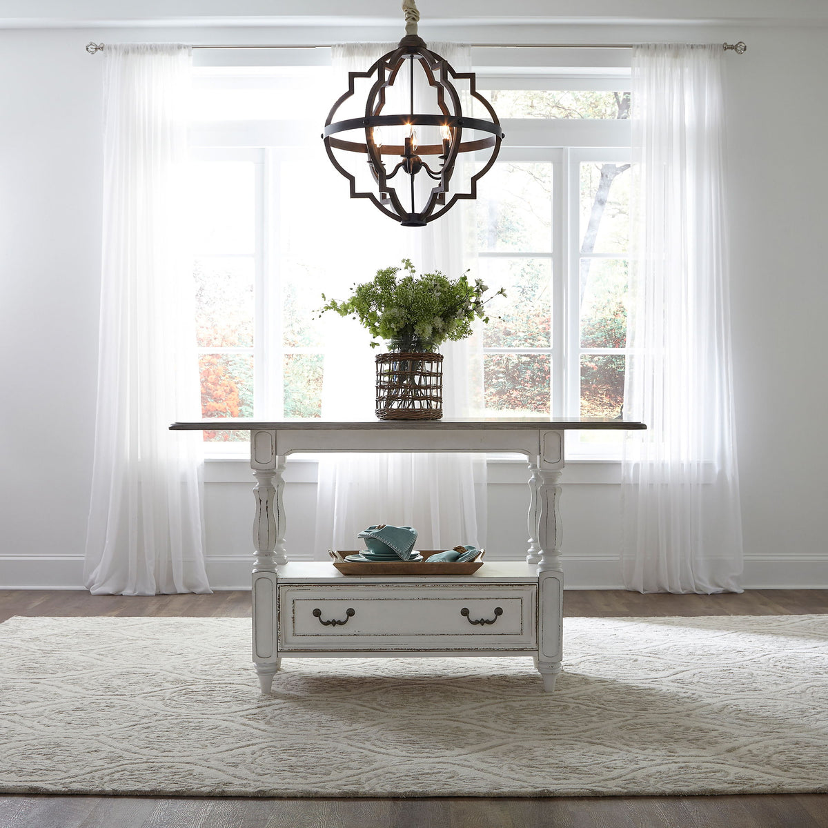 Magnolia Manor - 5 Piece Gathering Table Set - Antique White / Dark Brown