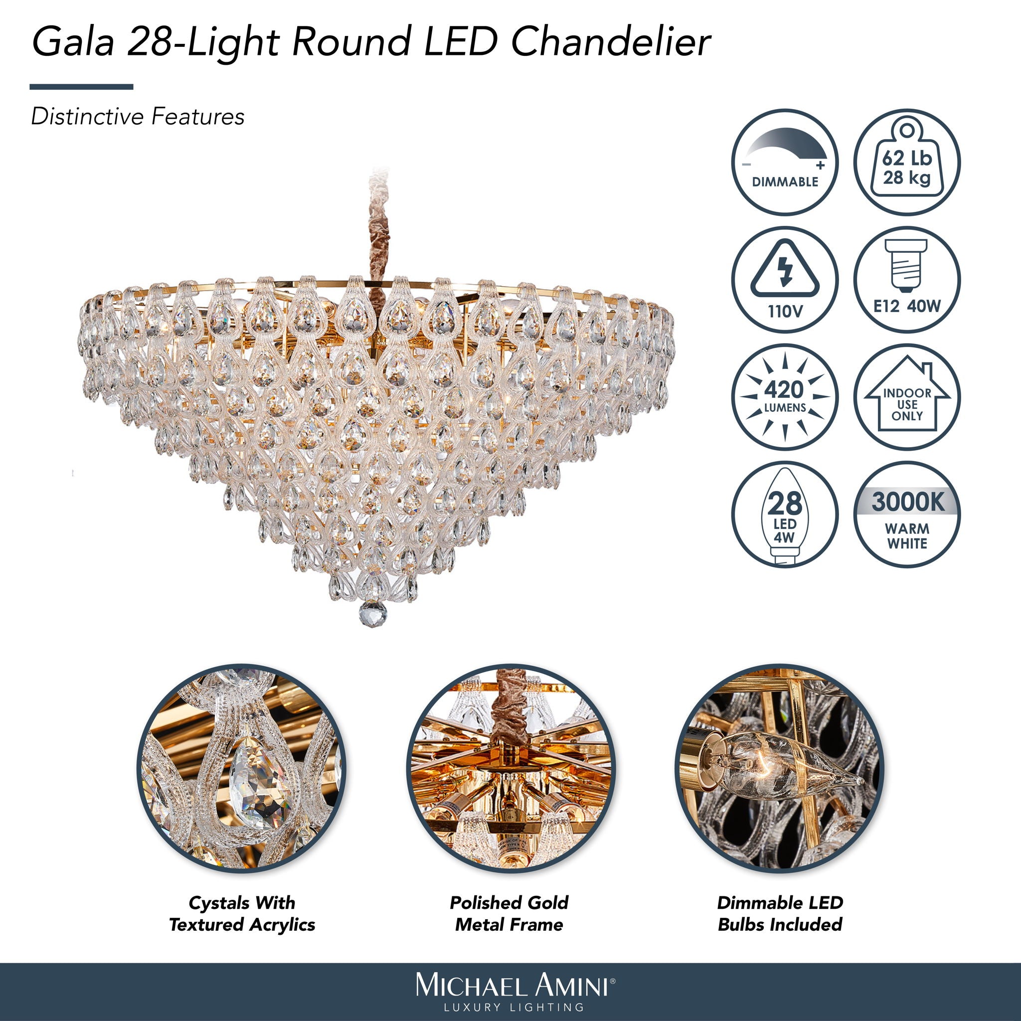 Michael Amini Lighting - Gala 28-Light Round LED Chandelier - Gold