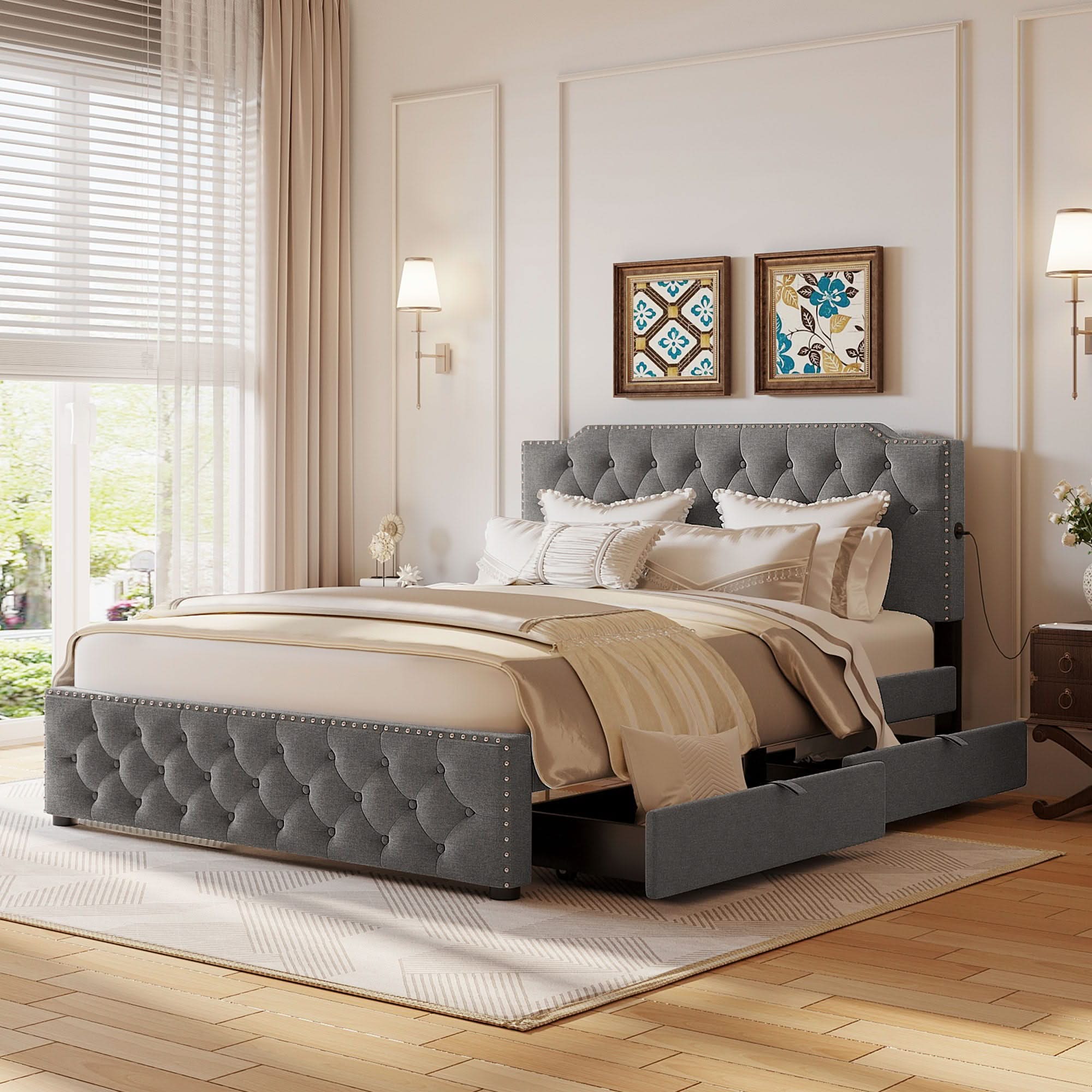 Upholstered Platform Bed With 2 Drawers And 2 Sets Of USB Ports On Each Side, Fabric