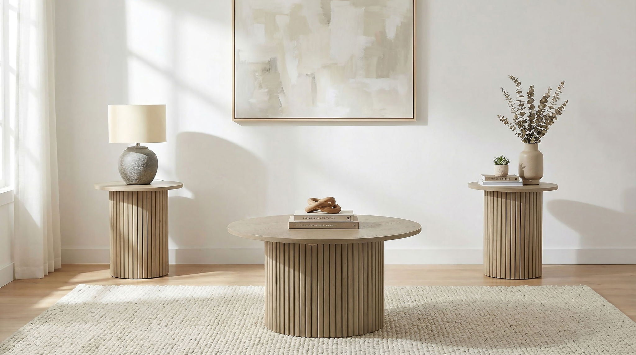 Hamlyn 3-piece Round Fluted Coffee and End Table Set Natural Oak