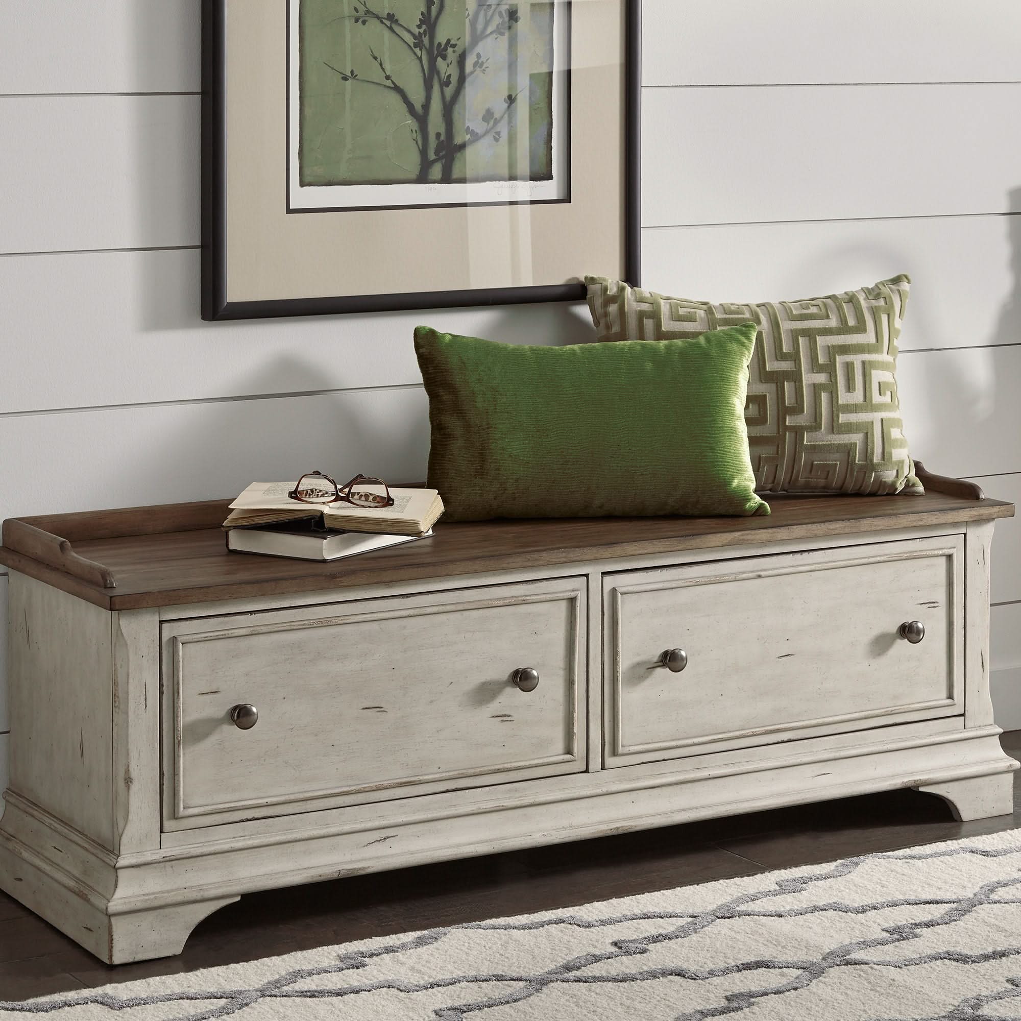 Morgan Creek - Storage Hall Bench - Antique White / Wirebrushed Tobacco Accents