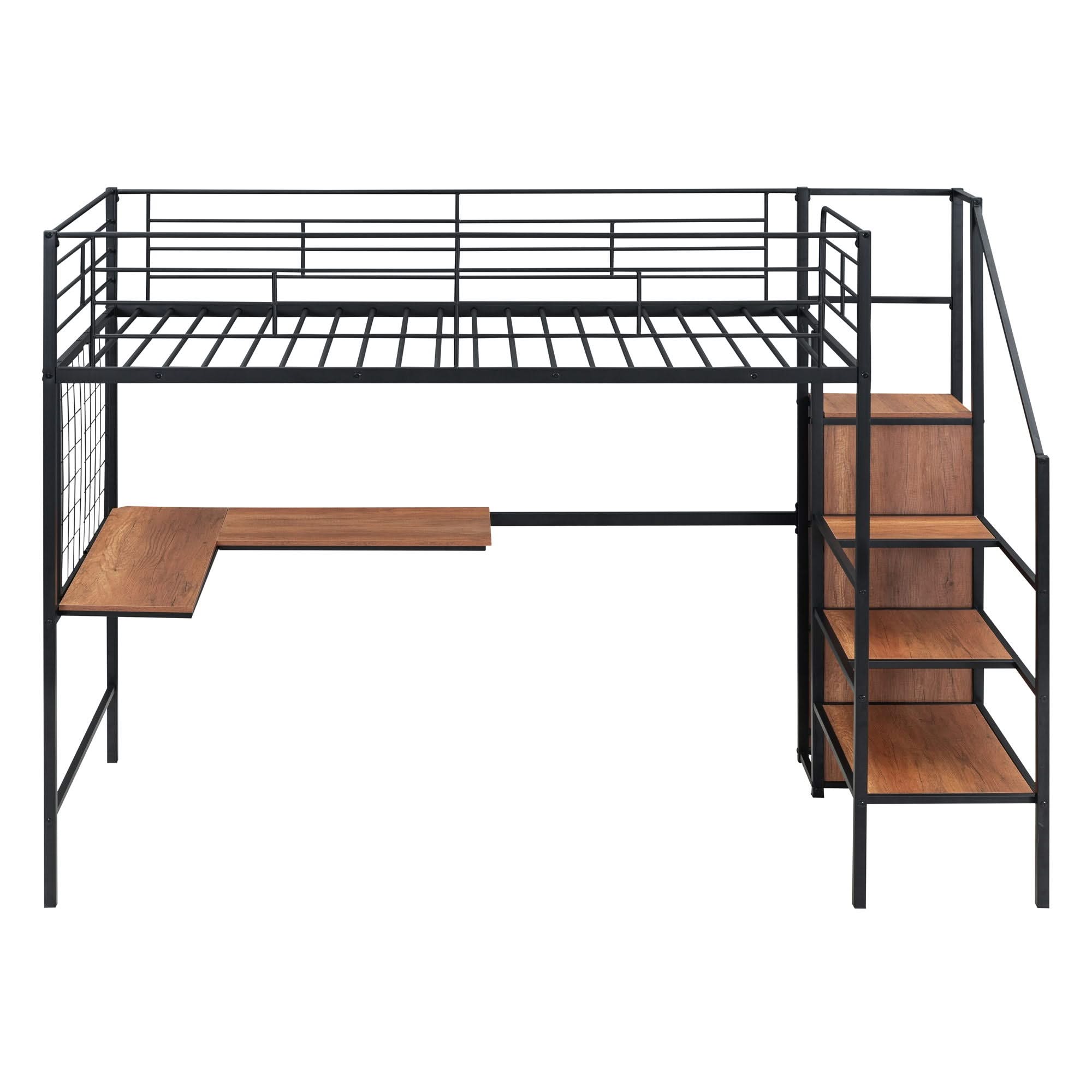 Loft Bed With Desk And Grid, Stylish Frame With Lateral Storage Ladder And Wardrobe