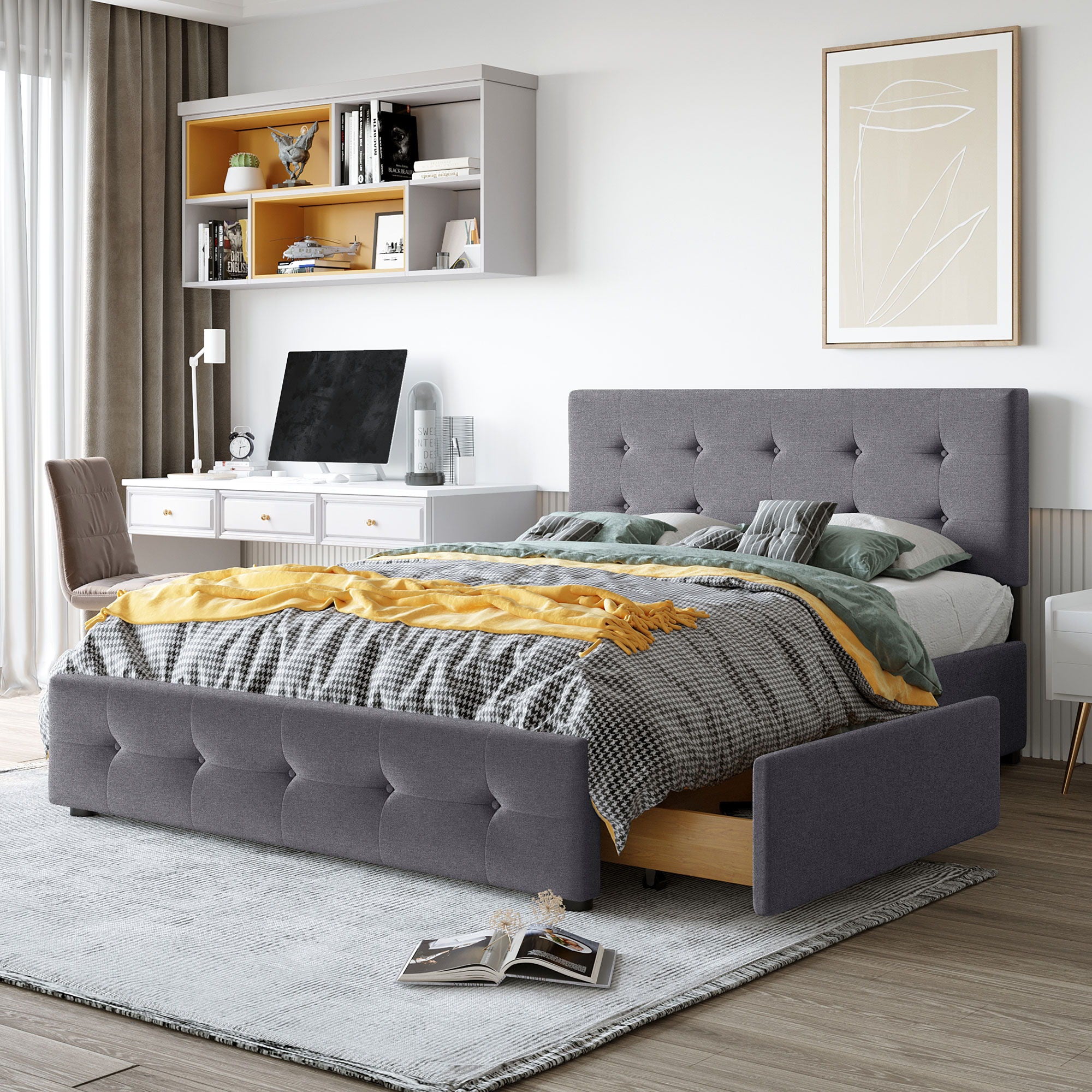 Upholstered Platform Bed With Classic Headboard And Drawers, No Box Spring Needed