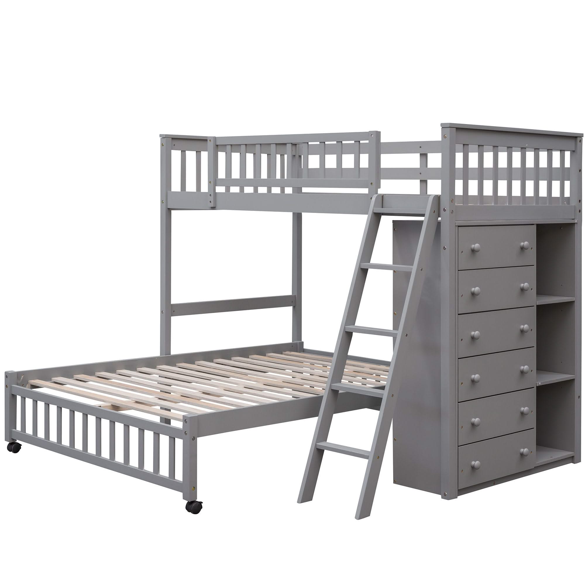 Bunk Bed With 6 Drawers And Flexible Shelves, Bottom Bed With Wheels