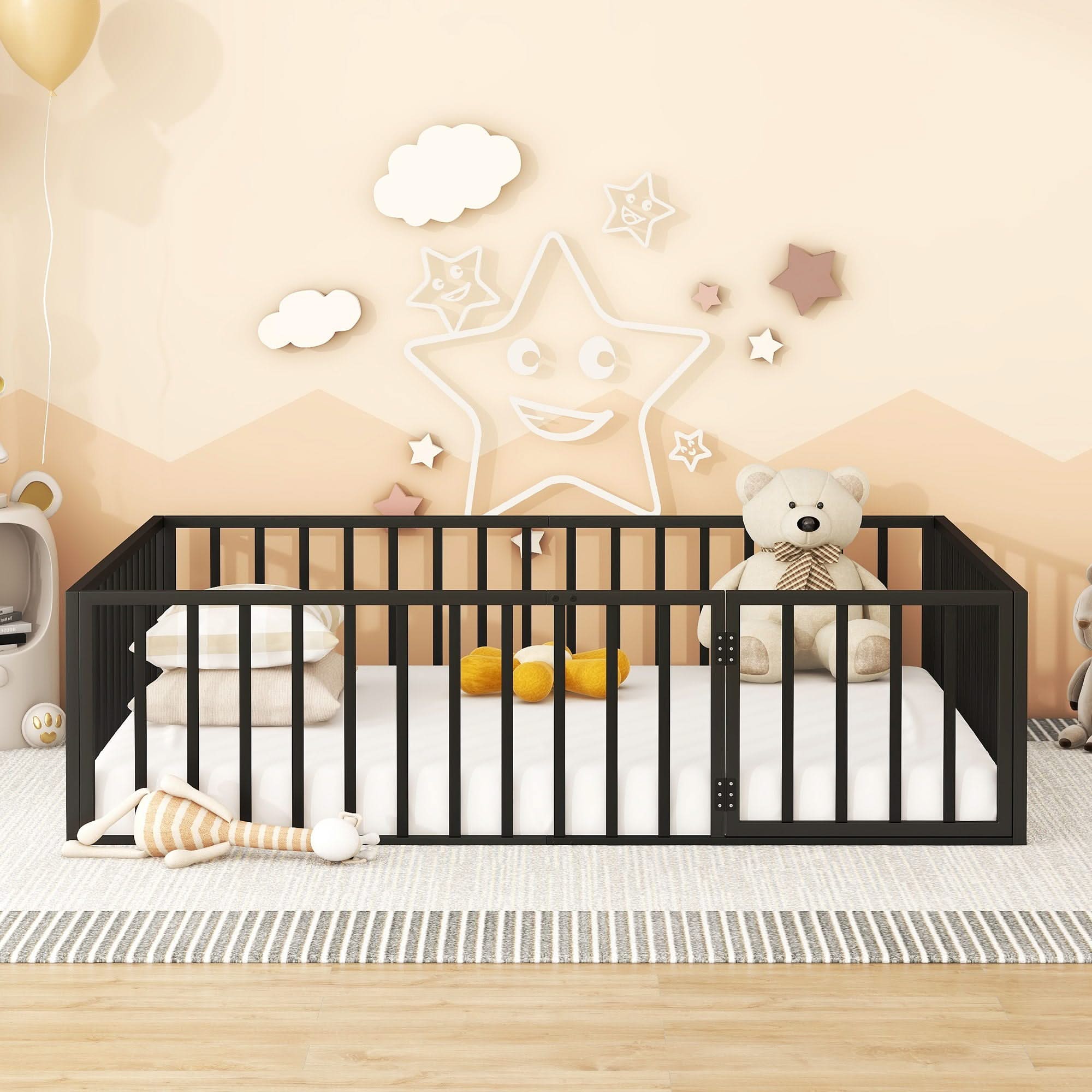 Metal Floor Bed Frame With Fence And Door