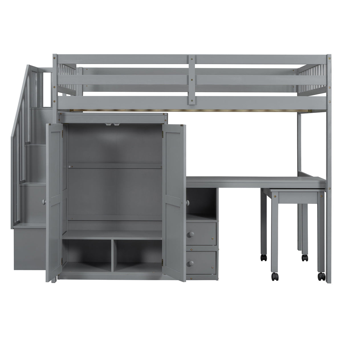 Loft Bed With Stairs, Bookshelf, Drawers, Desk & Wardrobe, Space Saving Multifunctional Furniture
