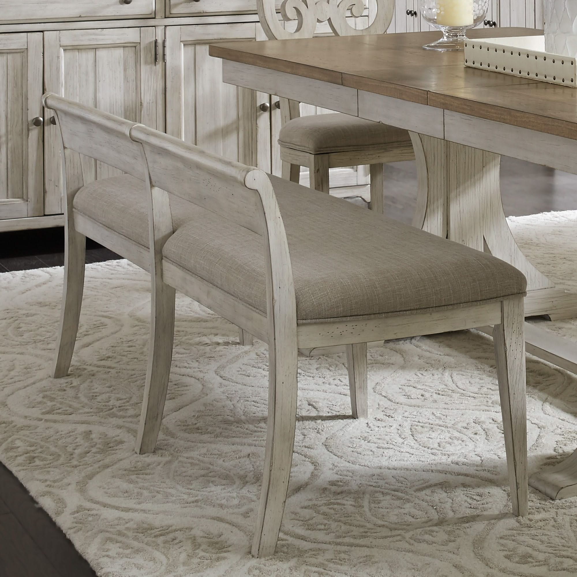 Farmhouse Reimagined - Upholstered Bench - Antique White / Chestnut Tops