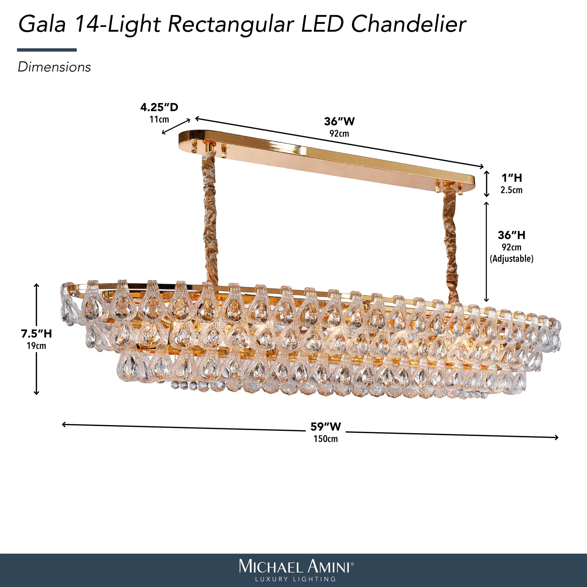Michael Amini Lighting - Gala 14-Light Rectangular LED Chandelier - Gold