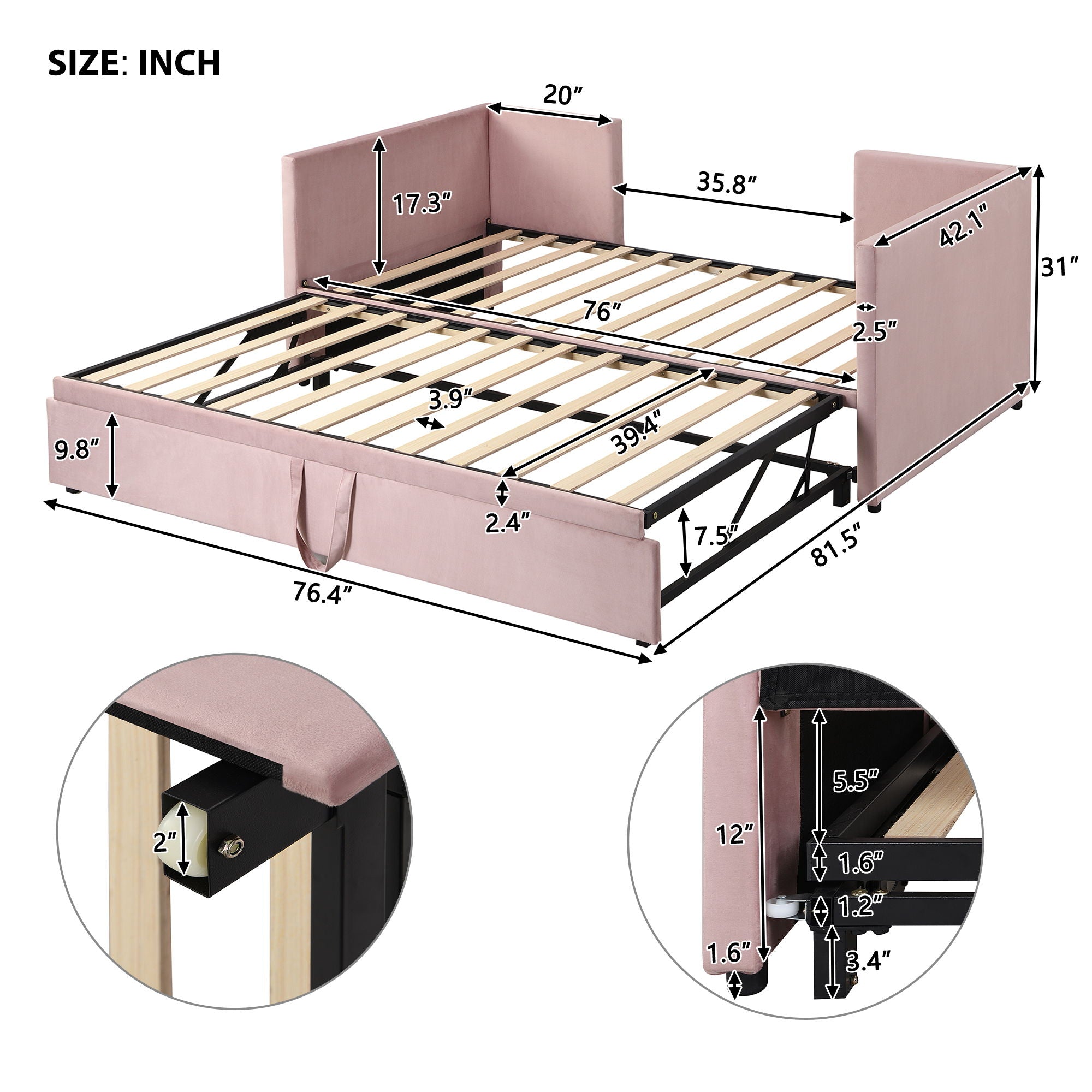 Twin Size Upholstered Daybed With Pop Up Trundle - Pink