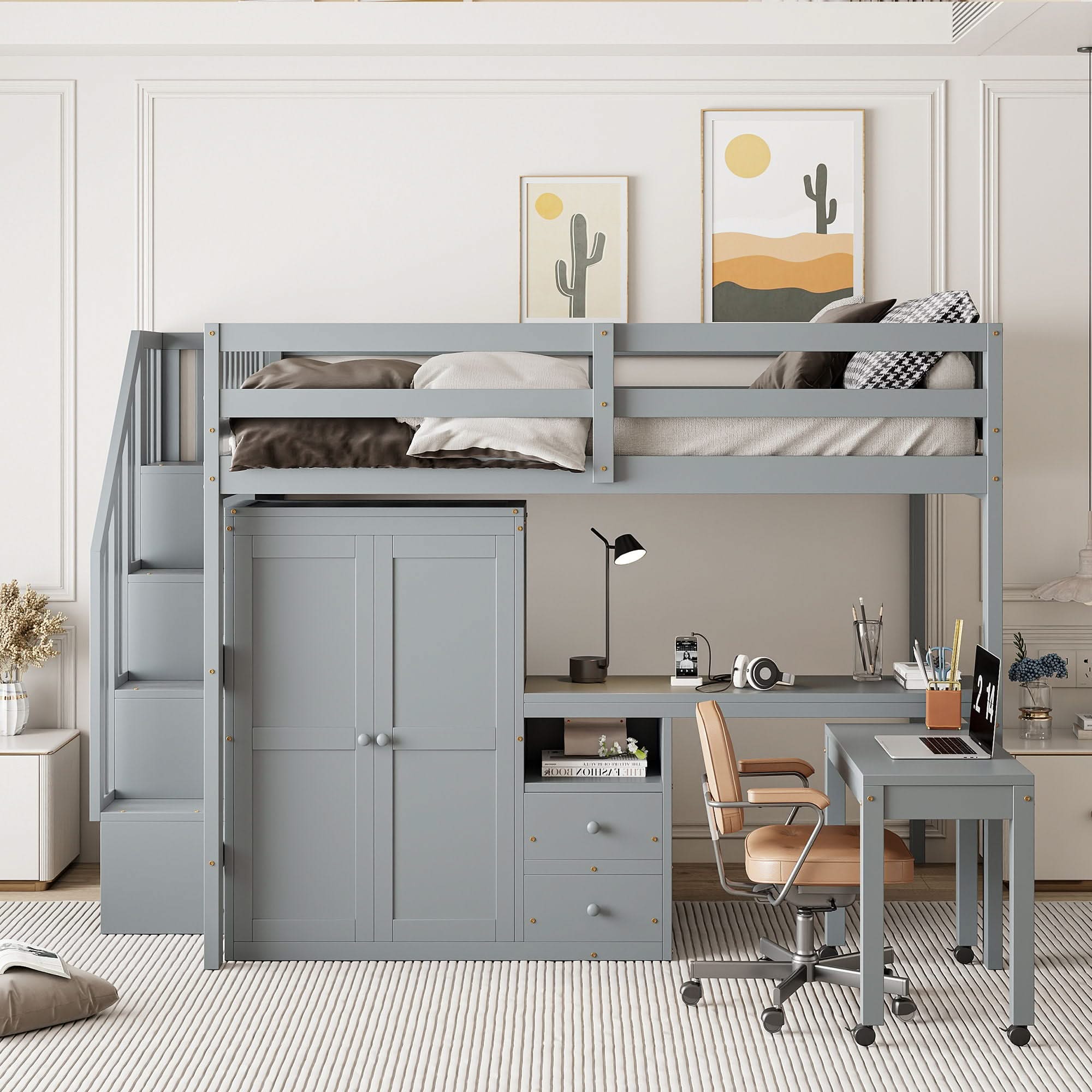 Loft Bed With Stairs, Bookshelf, Drawers, Desk & Wardrobe, Space Saving Multifunctional Furniture