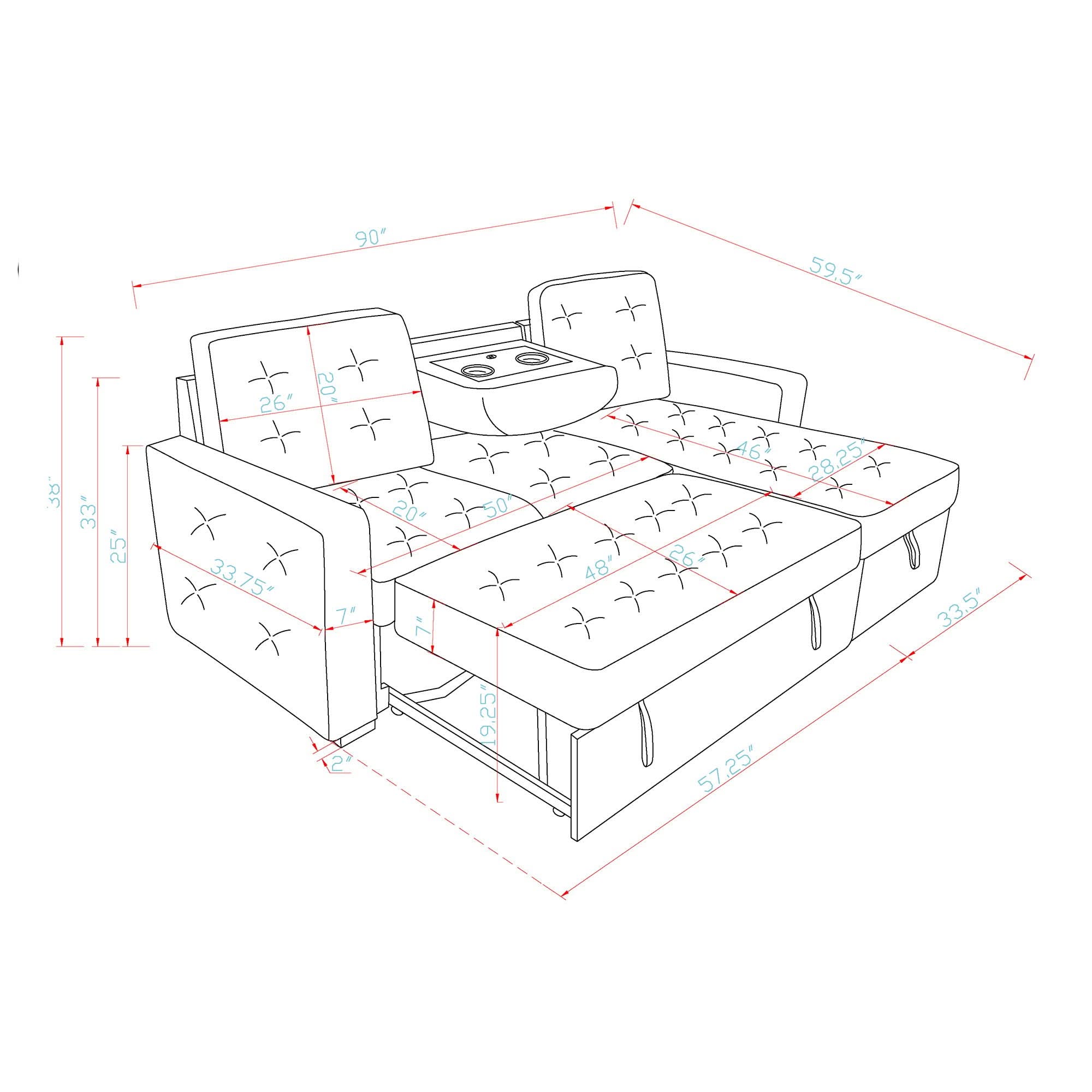 Gustavo - Sofa, Pull Out Bed, Storage Chaise, USB And Cup Holders - Beige