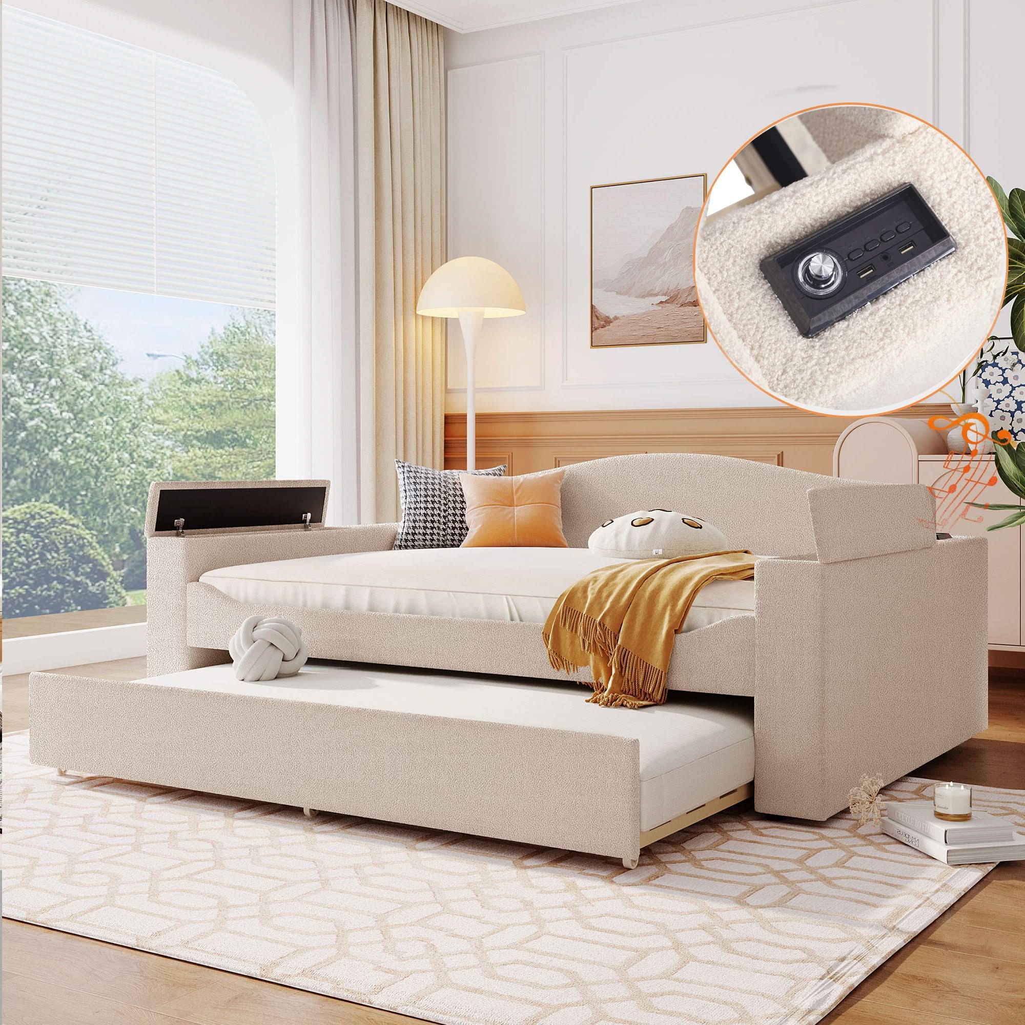 Upholstered Daybed With Storage Armrests, Trundle And Latest Integrated tooth Audio System