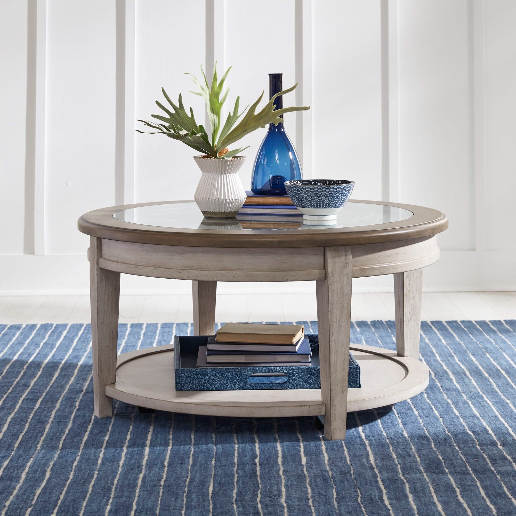 Heartland - Round Ceiling Tile Cocktail Table - Antique White / Tobacco Tops