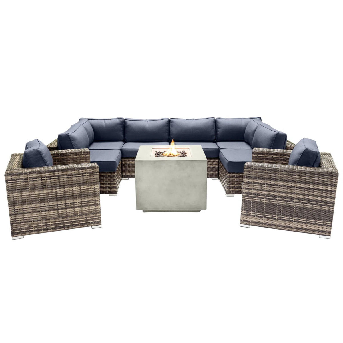 Premium 6 Person Wicker Patio Seating Group With Deep Cushions And Concrete Fire Pit - Gray Mix