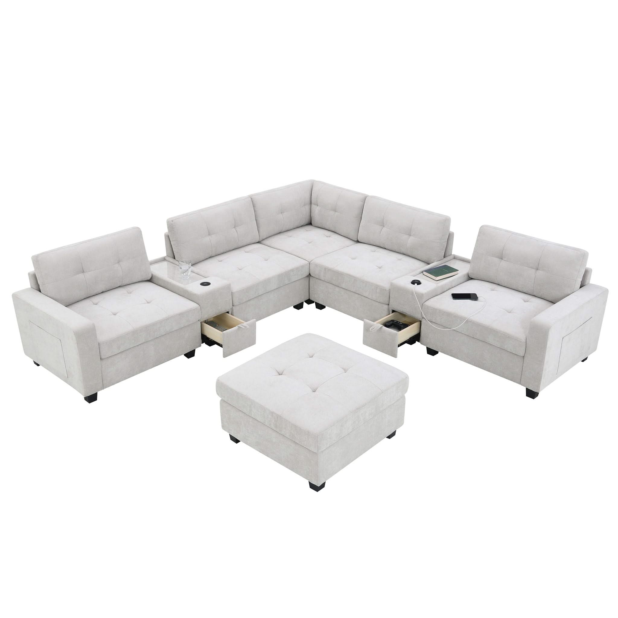 Sectional With Acrylic Table Top U Shaped Couch Set With 2 Consoles USB Charger, Storage Drawers And Pockets Movable Ottoman Tufted Sofa