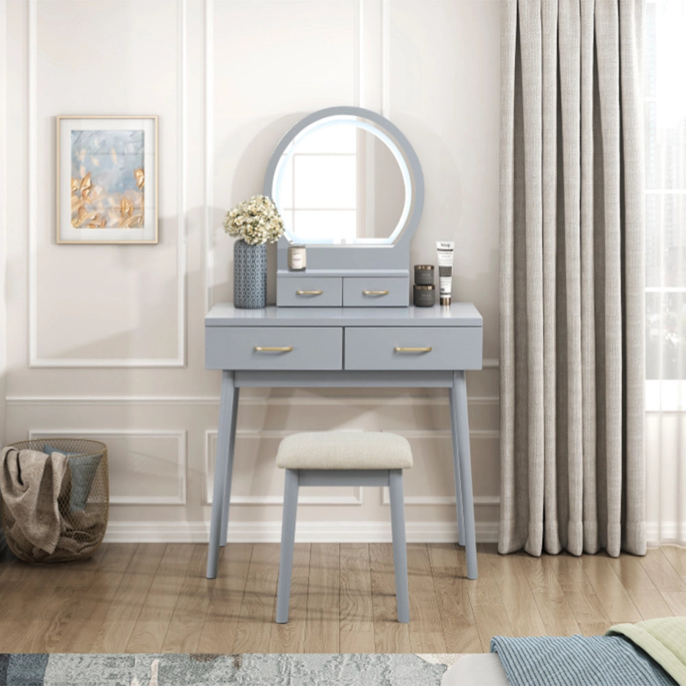 Modern Vanity Table with LED Mirror & Padded Stool – White or Gray