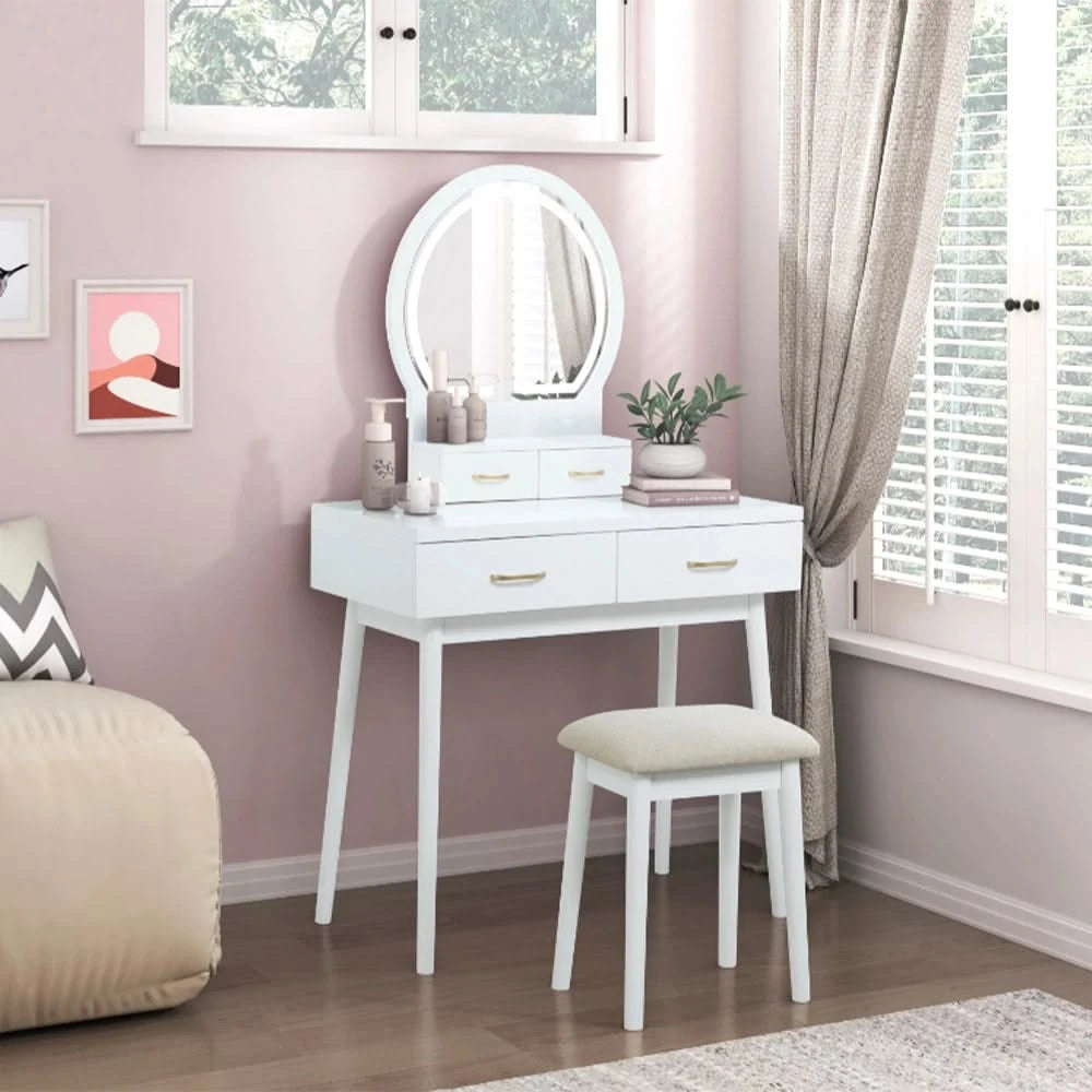 Modern Vanity Table with LED Mirror & Padded Stool – White or Gray