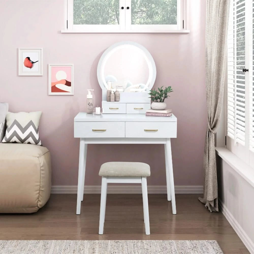 Modern Vanity Table with LED Mirror & Padded Stool – White or Gray