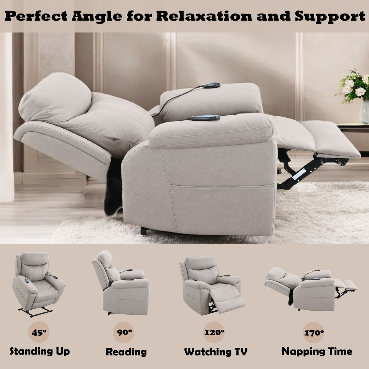 Chriki - Power Motion Recliner With Lift Heating Massage Chair - Beige