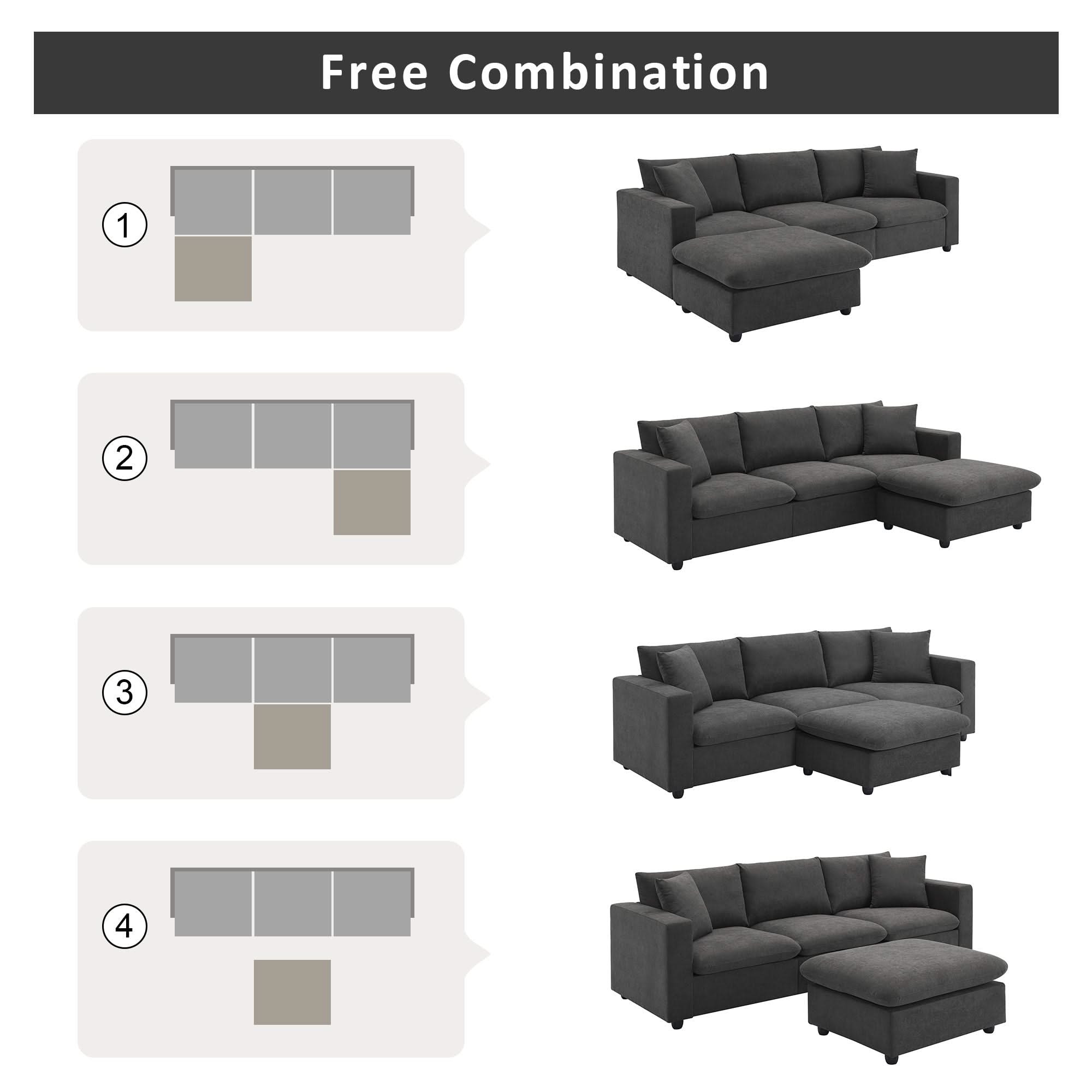 Modern Sectional Sofa, L-Shaped Couch Set With 2 Free Pillows, 4-Seat Fabric Couch Set With Convertible Ottoman For Living Room, Apartment, Office