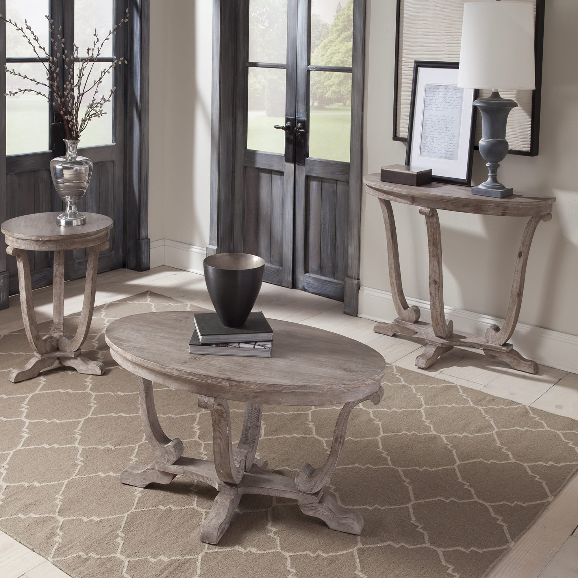 Greystone Mill - 3 Piece Table Set (1 Cocktail 2 End Tables) - Stone White Wash / Wirebrush Distressing