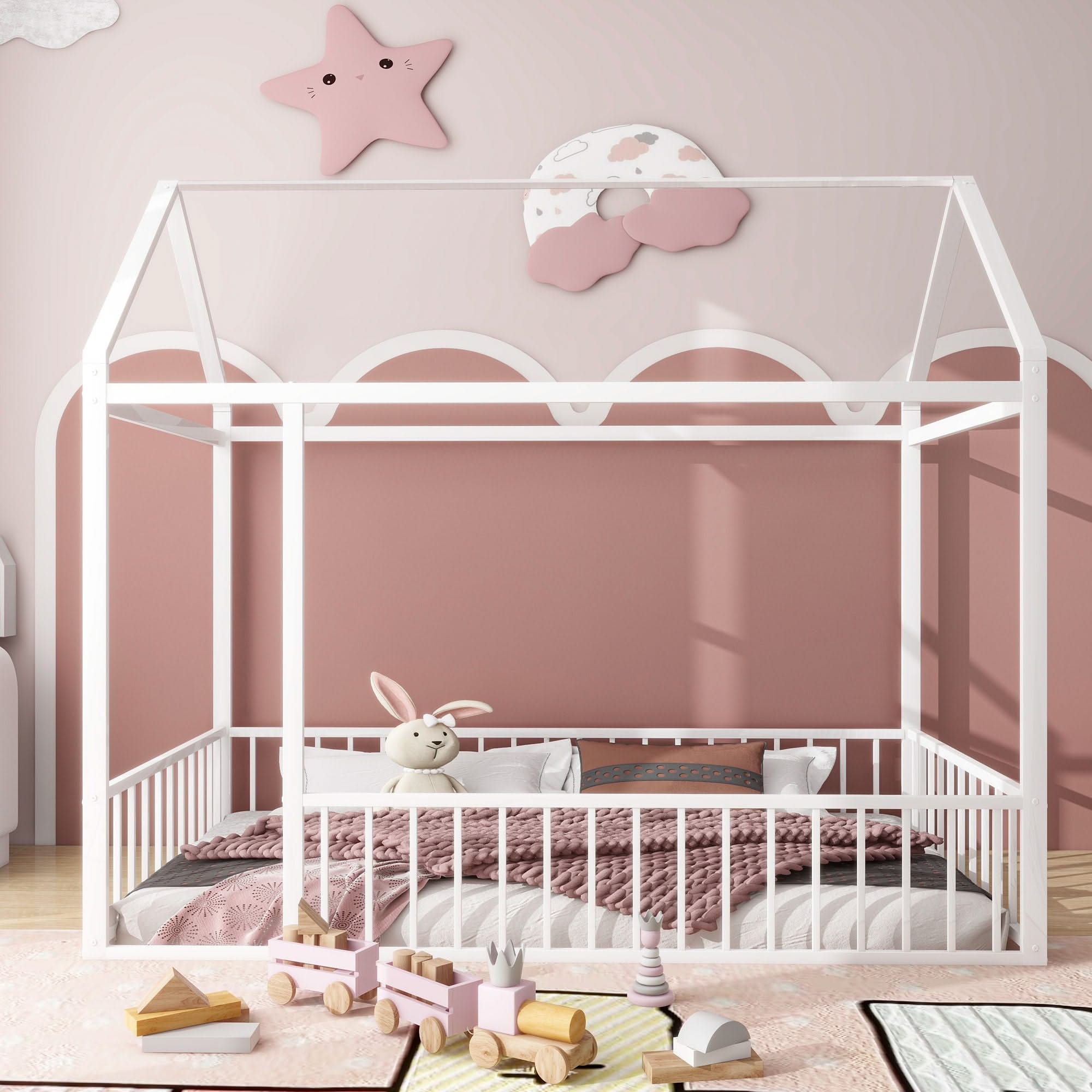 Metal Bed House Bed Frame With Fence