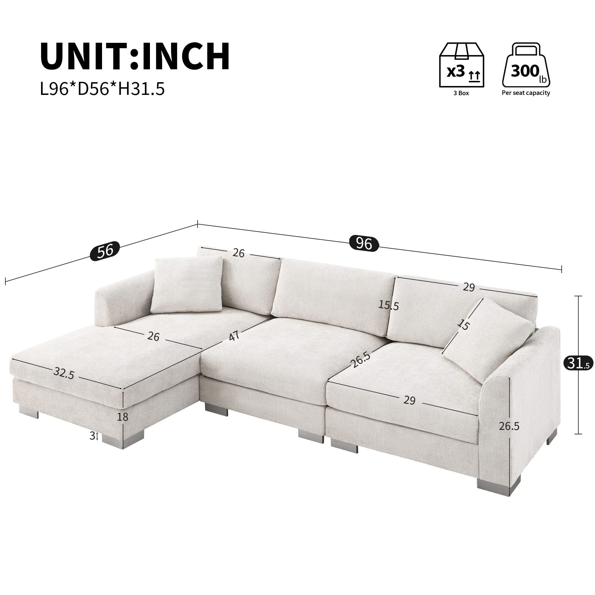Modern Cloud Sectional Sofa L Shaped Luxury Couch Set With 2 Free Pillows 4 Seat With Oversized Chaise