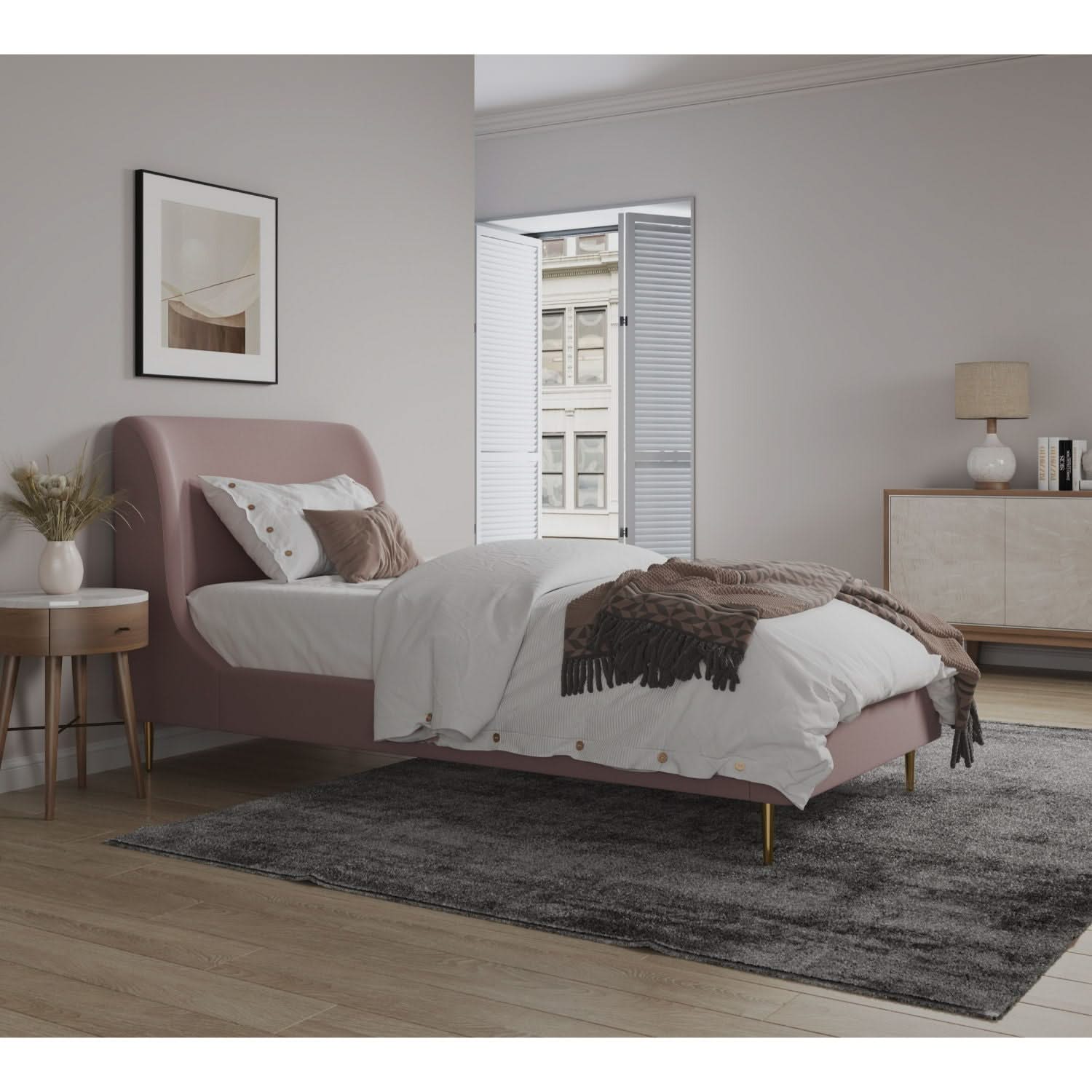 Mid-Century Modern Upholstered Bed With Curved Headboard