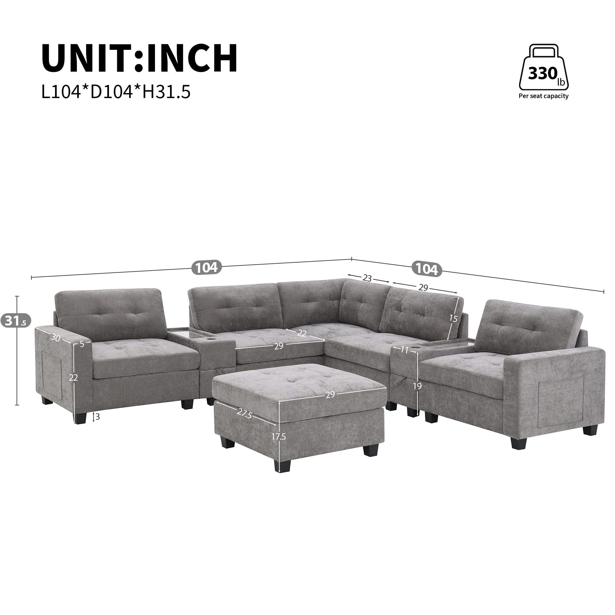 Sectional With Acrylic Table Top U Shaped Couch Set With 2 Consoles USB Charger, Storage Drawers And Pockets Movable Ottoman Tufted Sofa