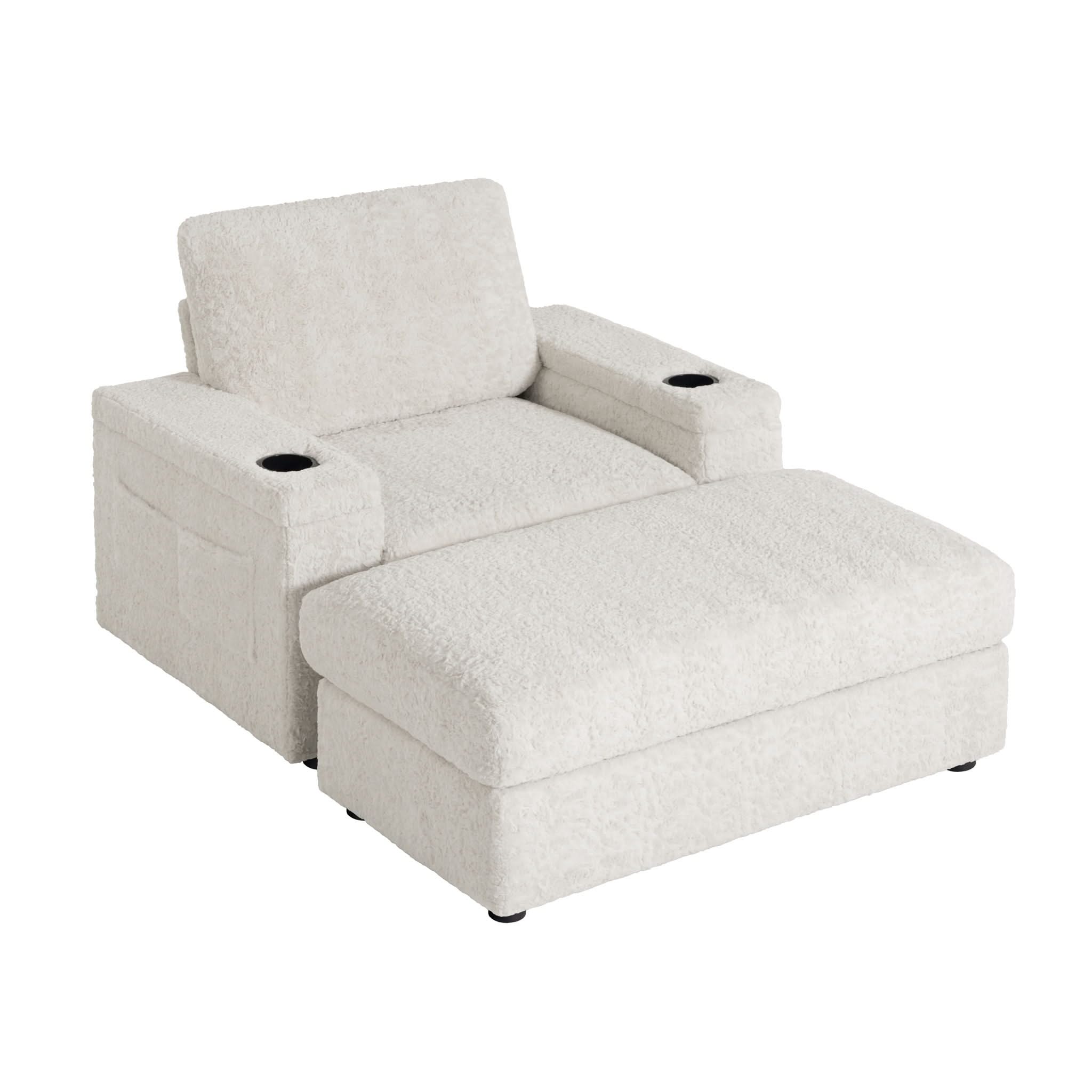 Oversized Chaise Lounge Indoor Rabbit Fur Sofa Bed With Storage Ottoman And Armrests Cup Holders With Deep Seat