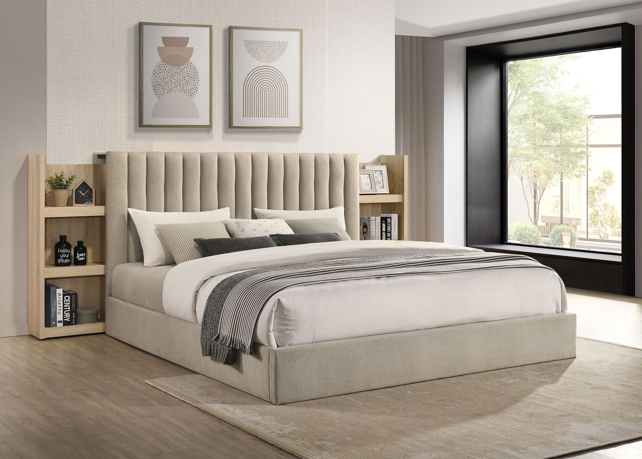 Arielle Eastern King Bookcase Panel Storage Bed Light Oak
