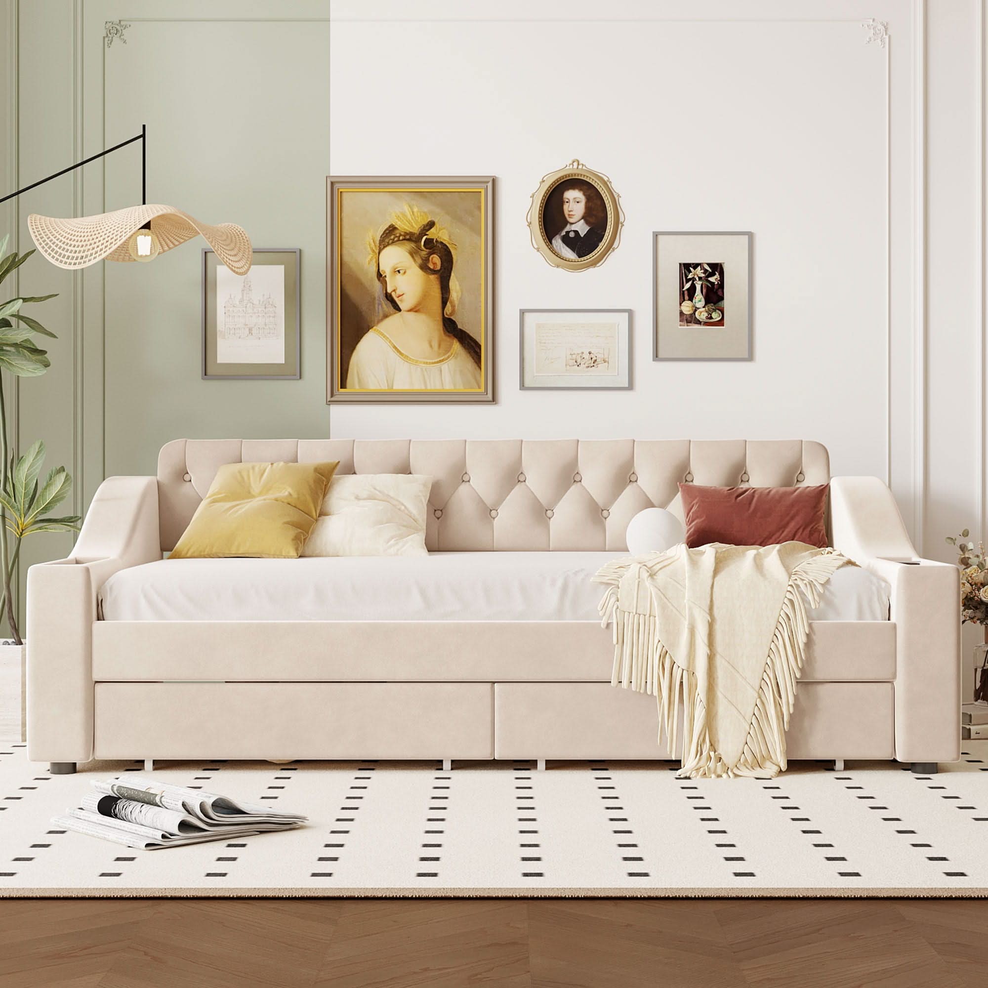 Upholstered Daybed With Storage Armrests And USB Port