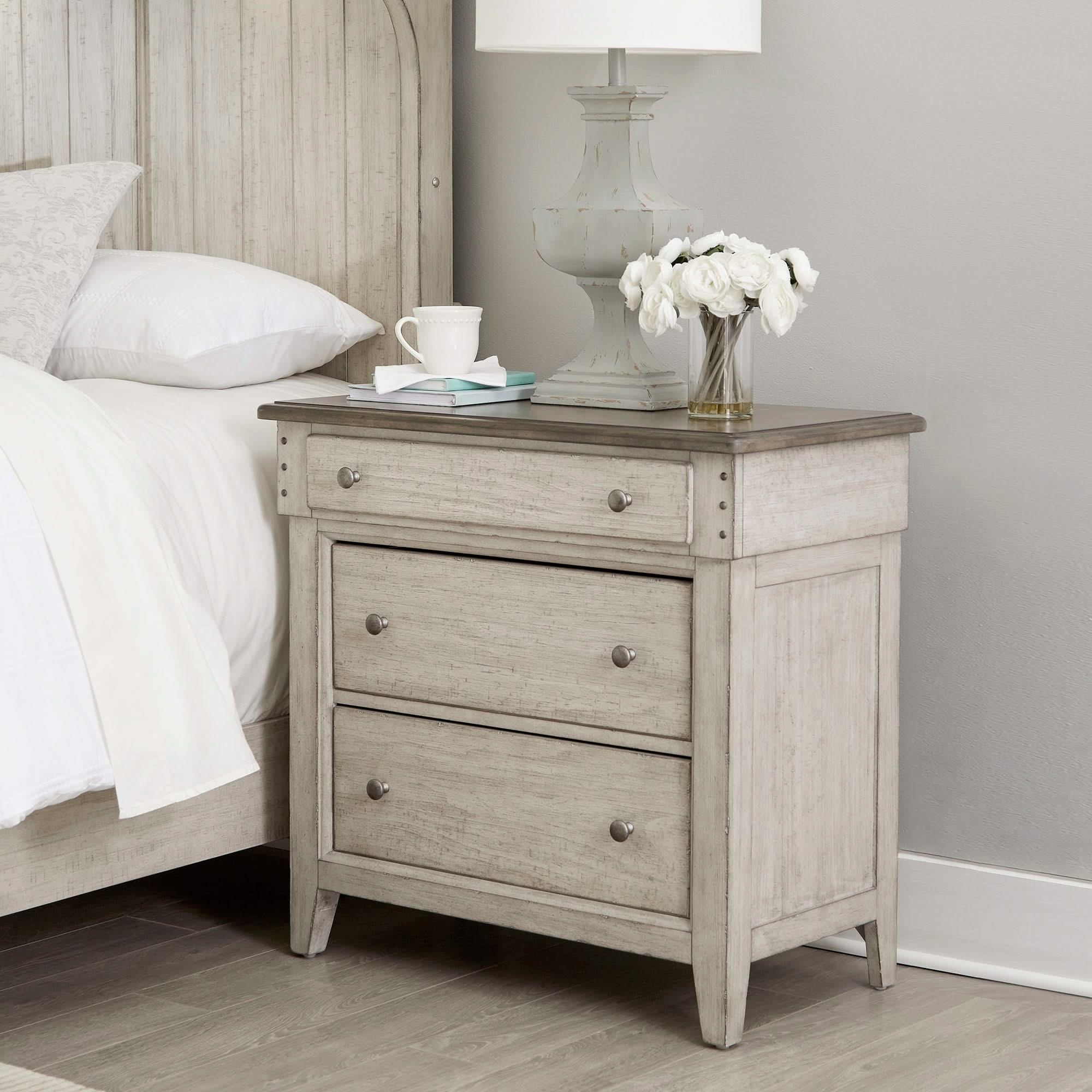 Ivy Hollow - 3 Drawer Bedside Chest With Charging Station - Weathered Linen / Dusty Taupe