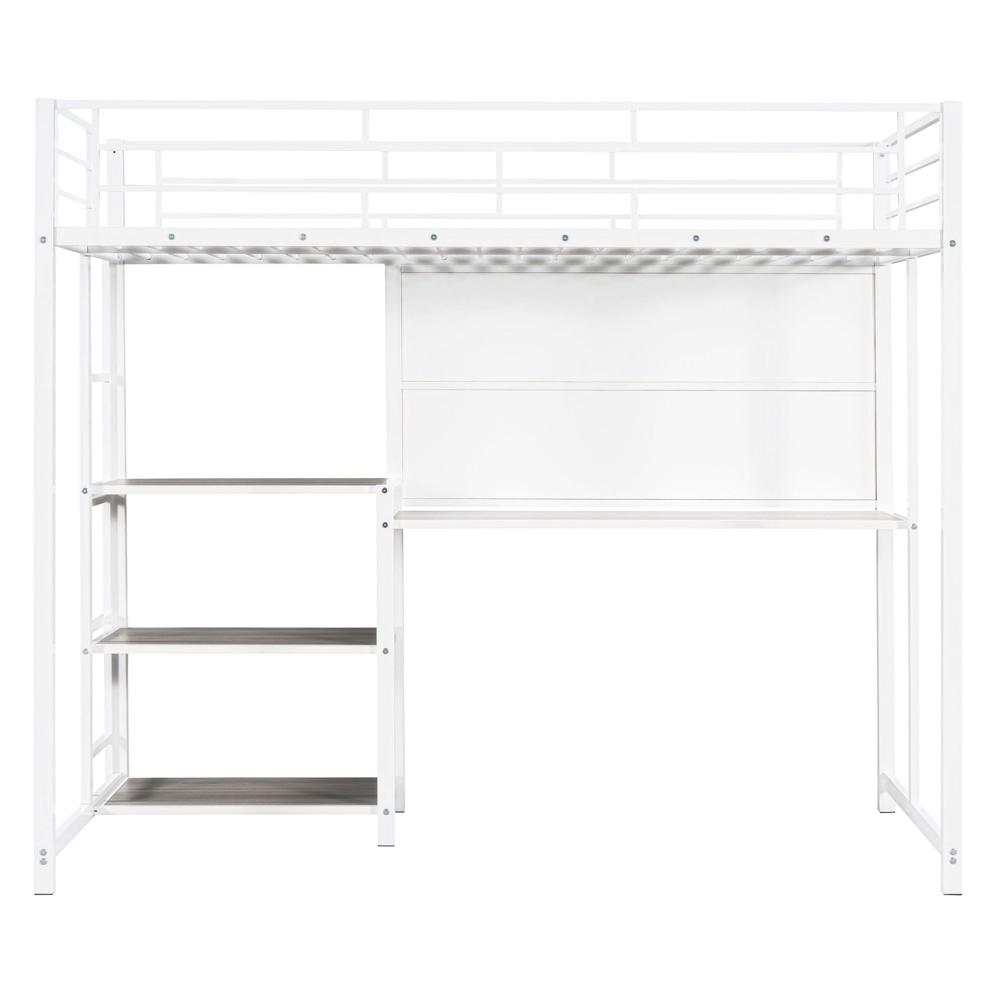Metal Loft Bed With Desk, 3 Shelves And Ladder